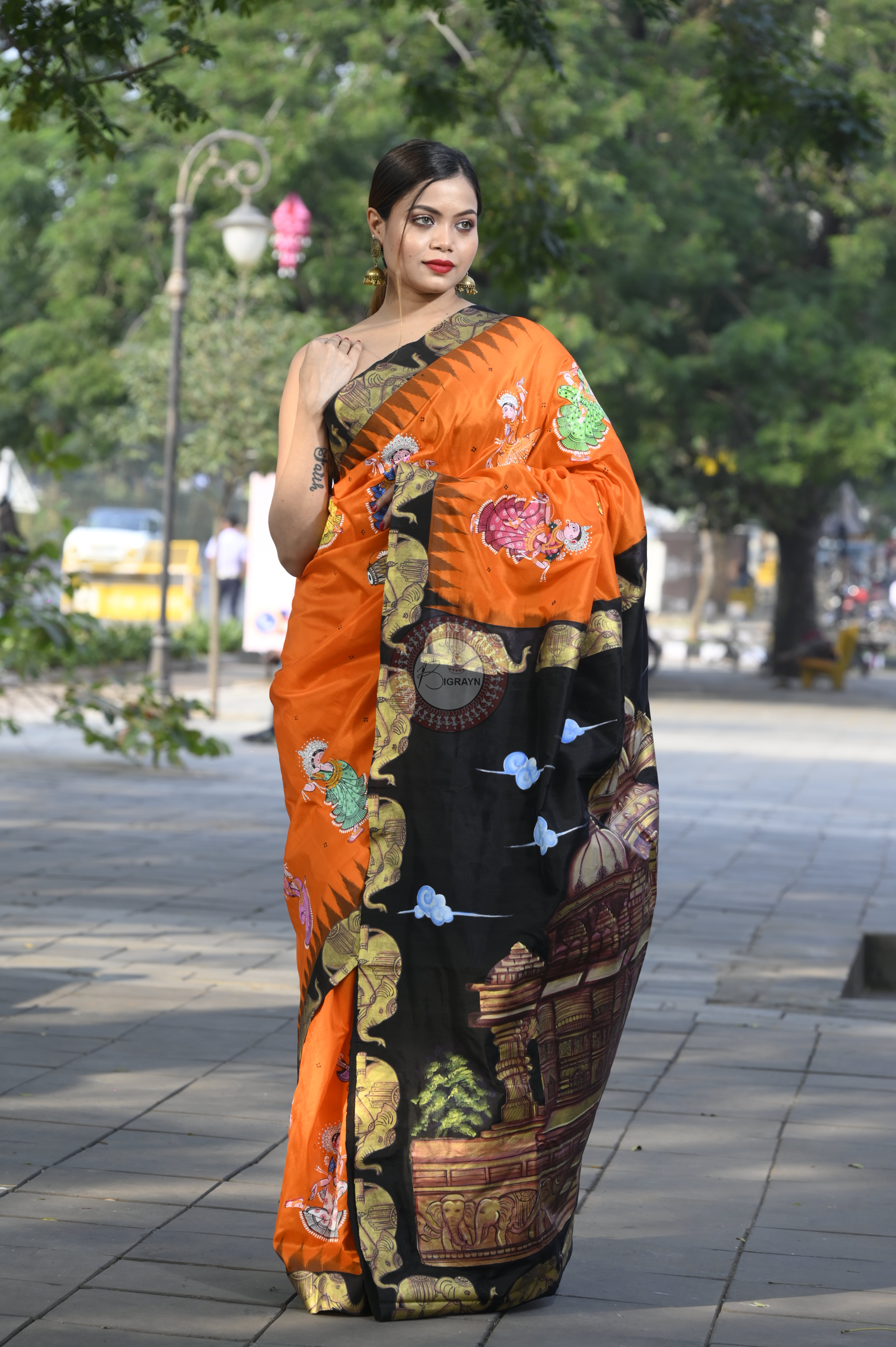 Orange Black Akshardham Temple Theme Pattachitra Sambalpuri Silk Saree