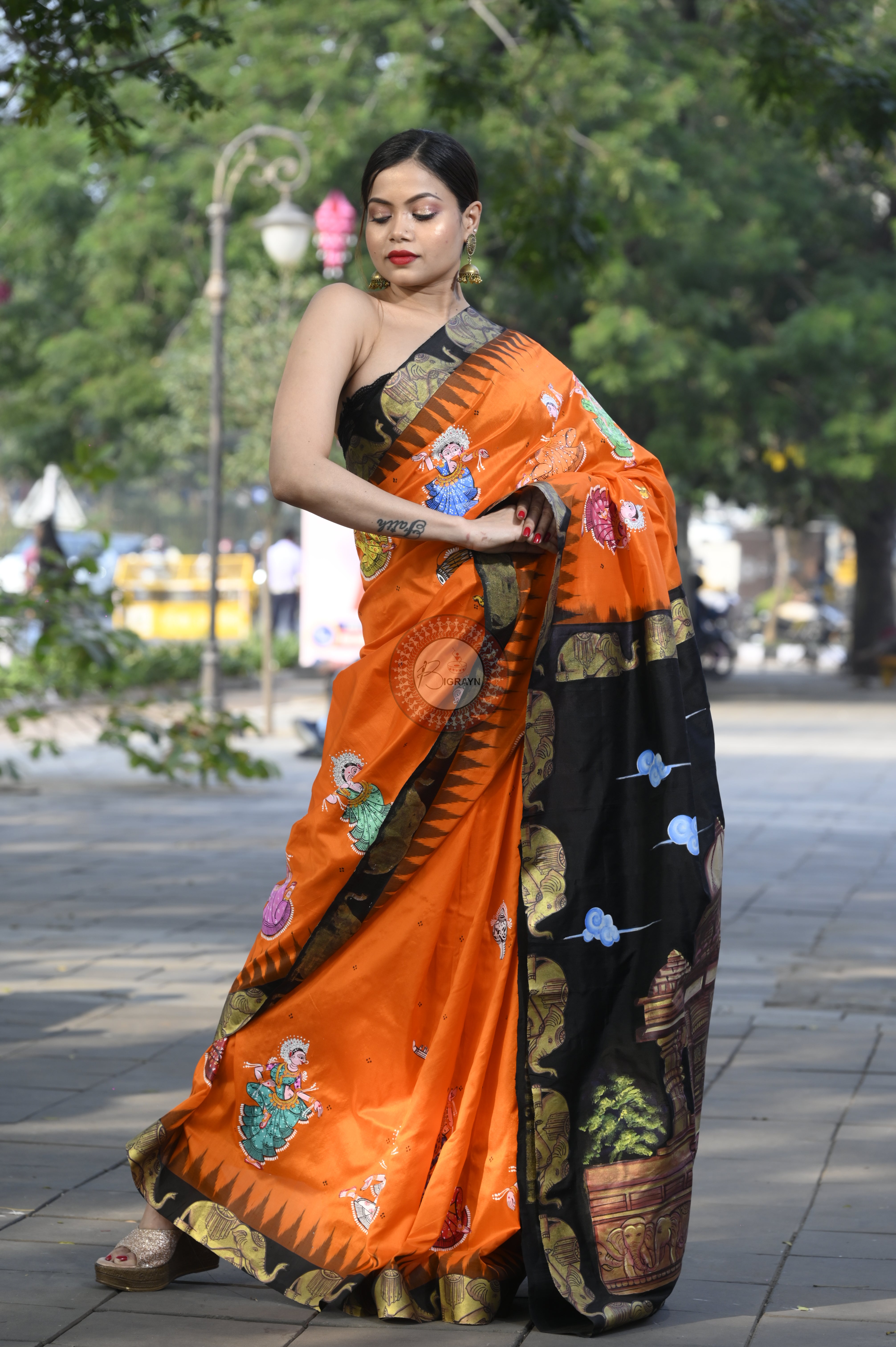 Orange Black Akshardham Temple Theme Pattachitra Sambalpuri Silk Saree