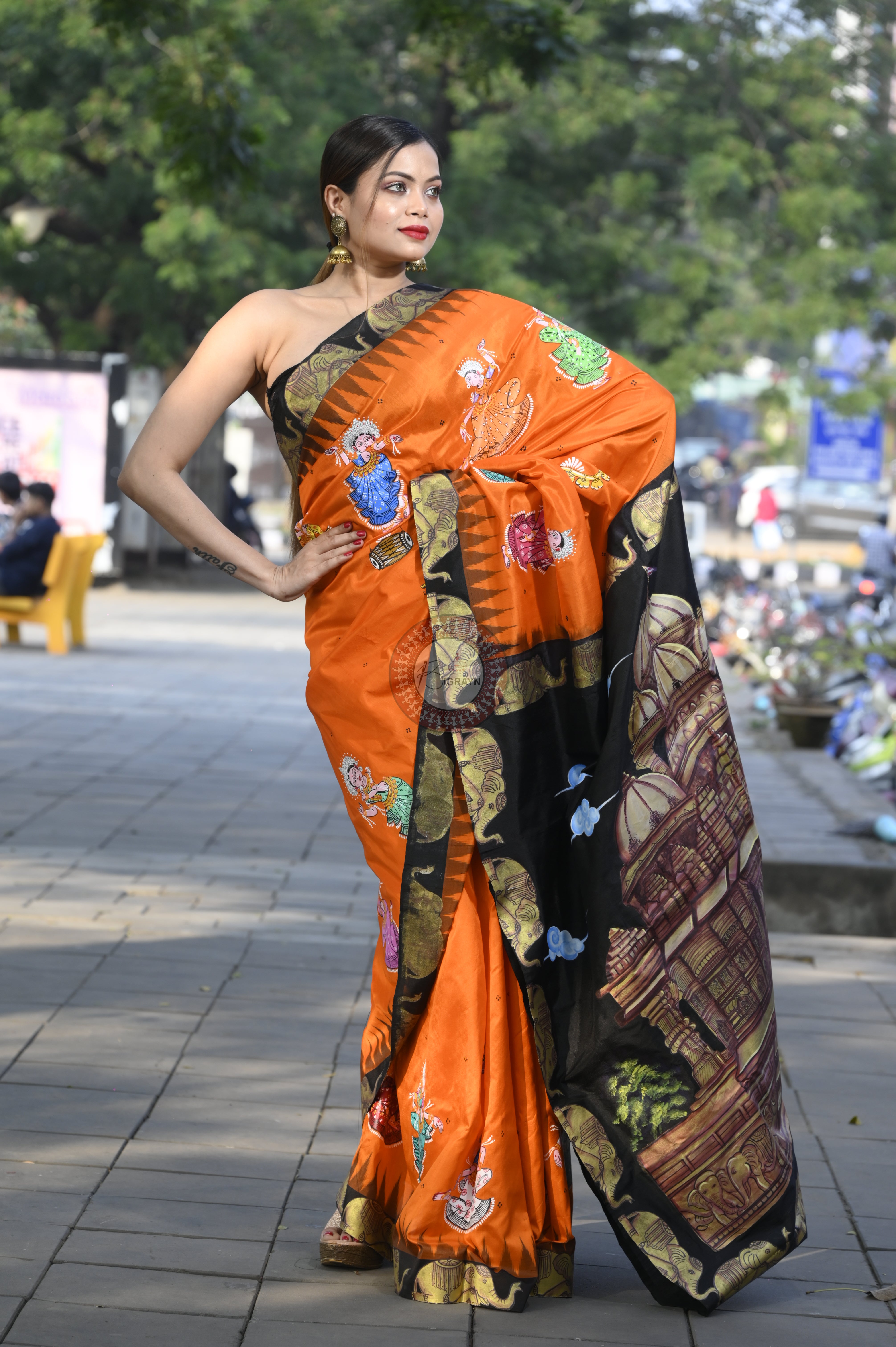 Orange Black Akshardham Temple Theme Pattachitra Sambalpuri Silk Saree