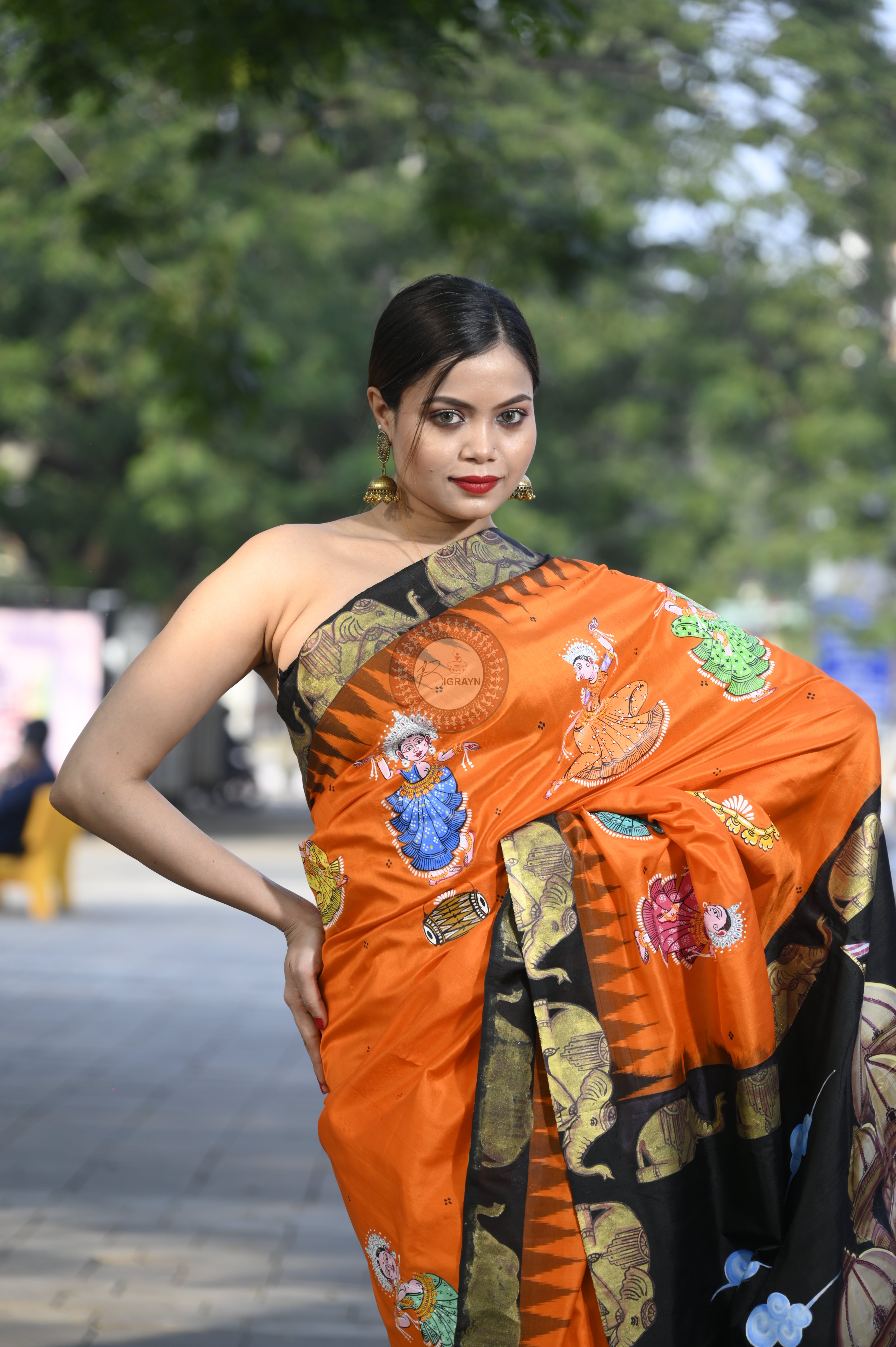 Orange Black Akshardham Temple Theme Pattachitra Sambalpuri Silk Saree