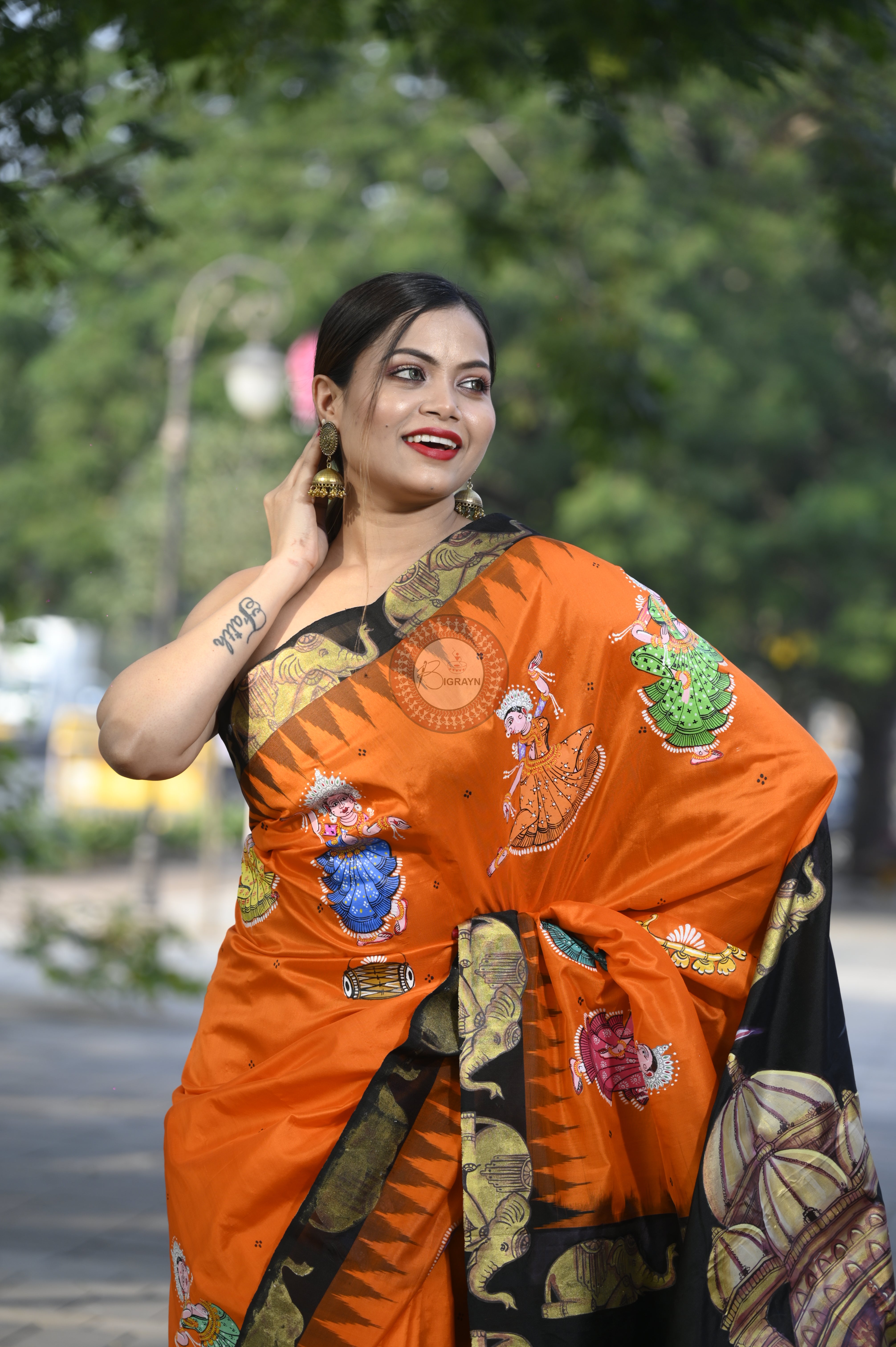 Orange Black Akshardham Temple Theme Pattachitra Sambalpuri Silk Saree