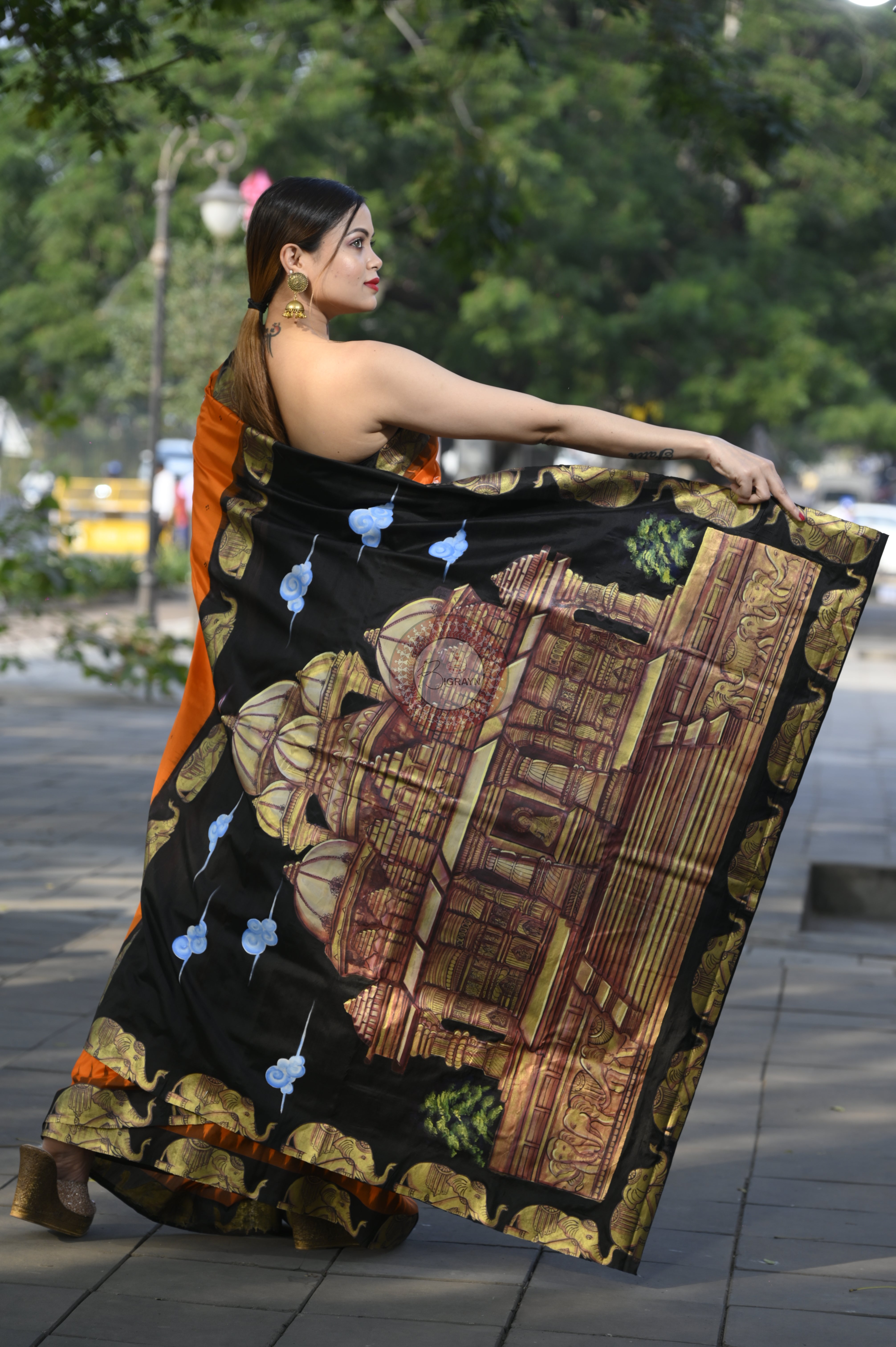 Orange Black Akshardham Temple Theme Pattachitra Sambalpuri Silk Saree