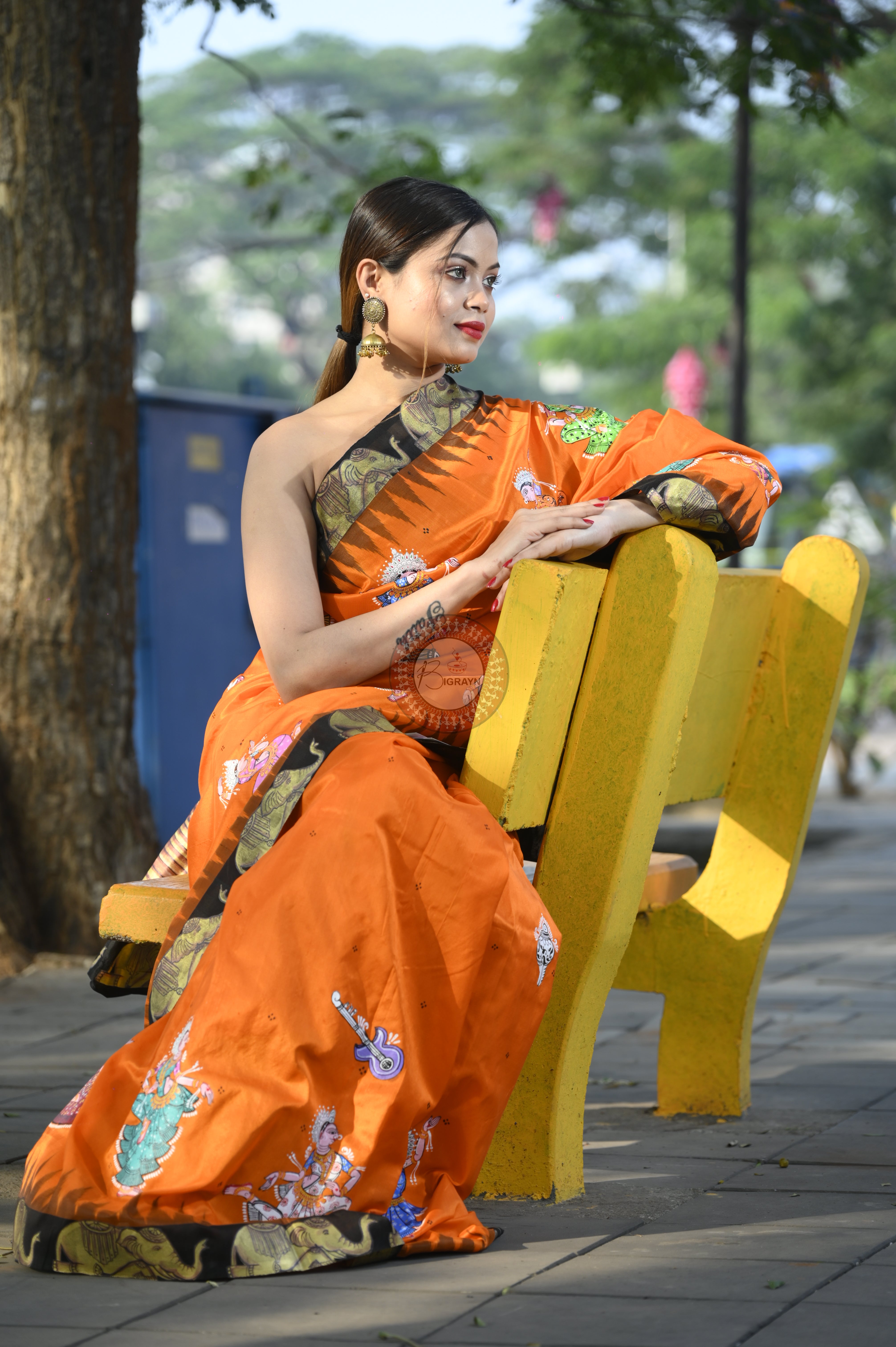 Orange Black Akshardham Temple Theme Pattachitra Sambalpuri Silk Saree
