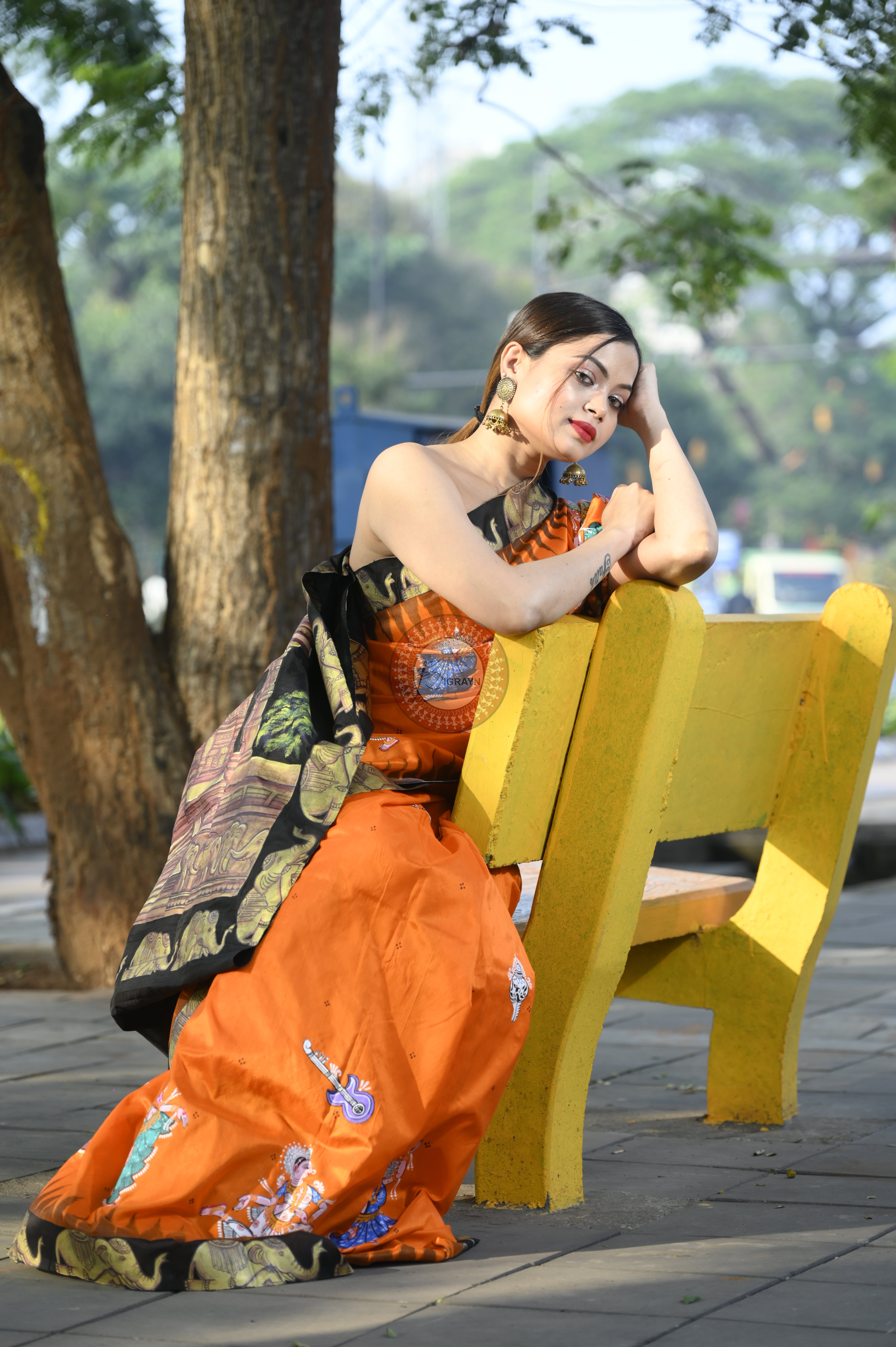 Orange Black Akshardham Temple Theme Pattachitra Sambalpuri Silk Saree