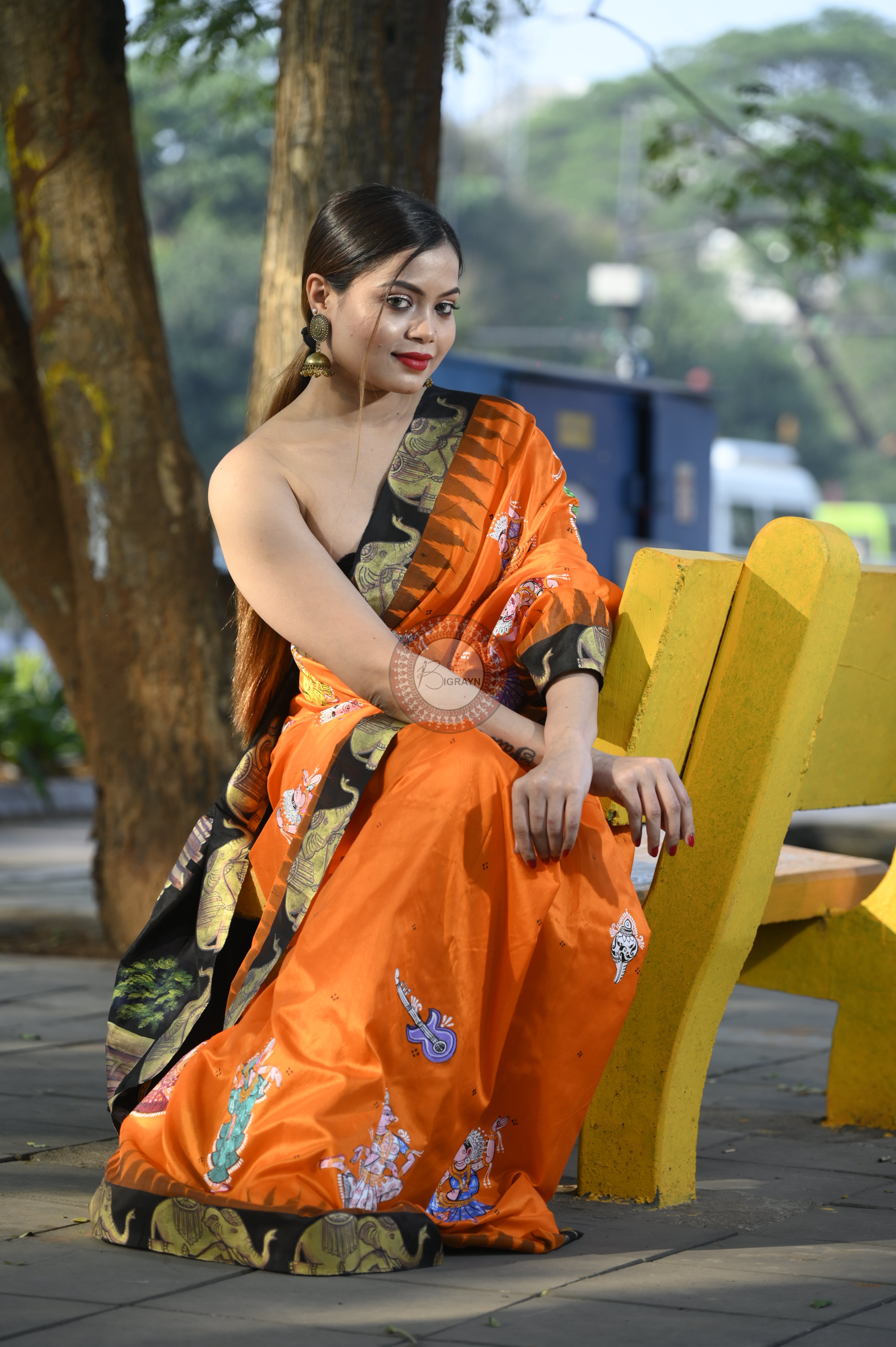 Orange Black Akshardham Temple Theme Pattachitra Sambalpuri Silk Saree