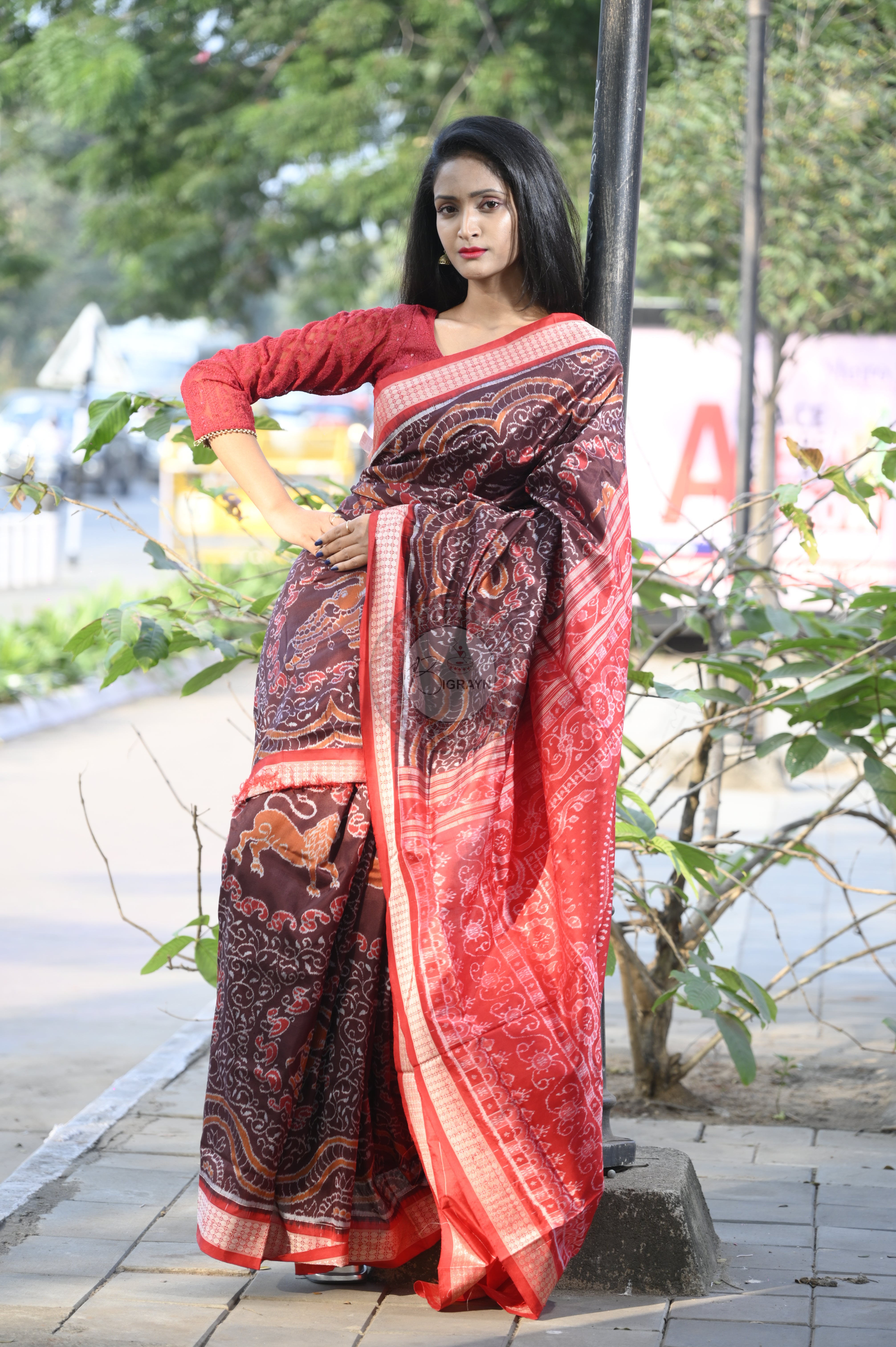 Coffee Red Animal Sambalpuri Silk Saree