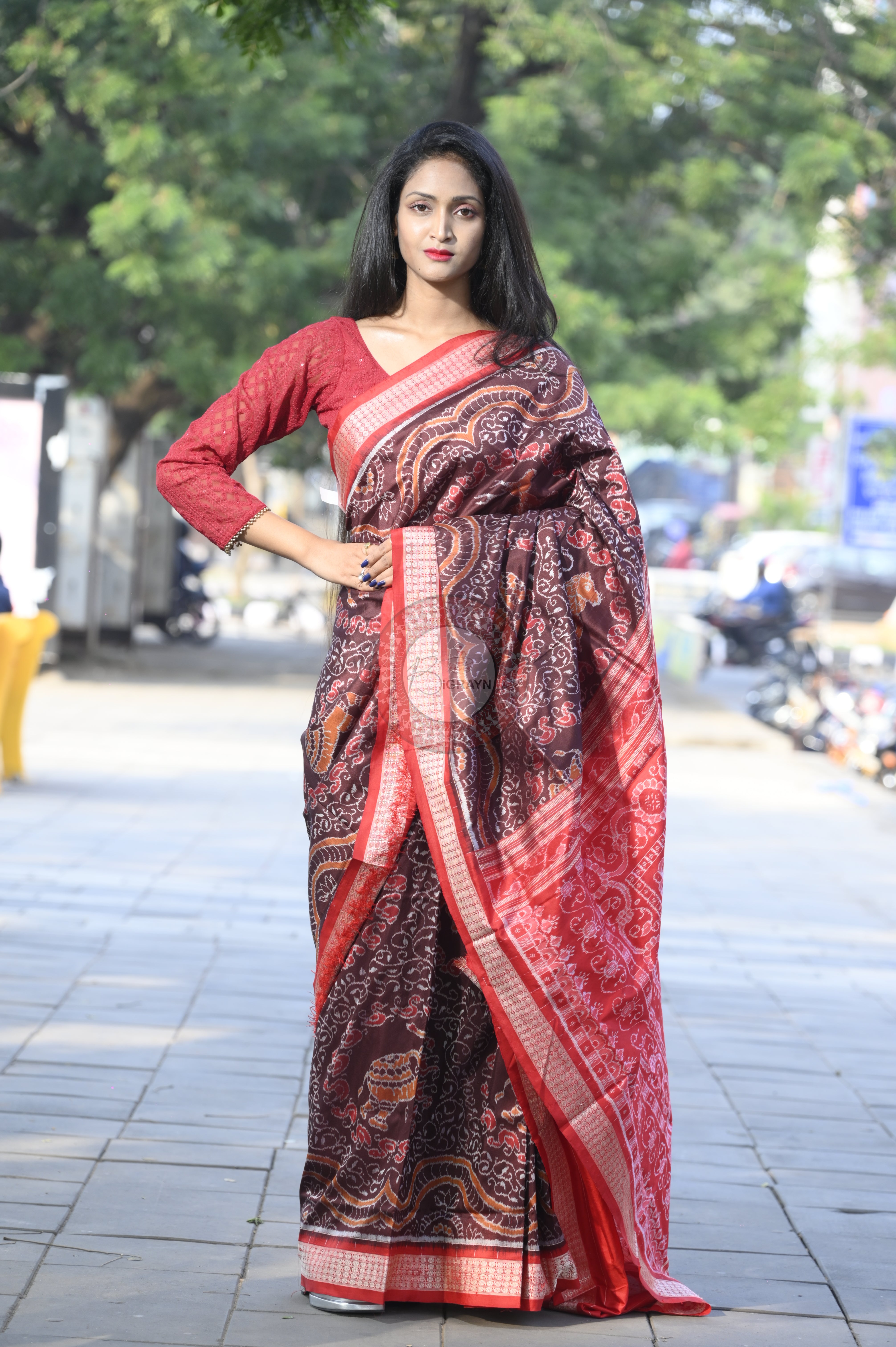 Coffee Red Animal Sambalpuri Silk Saree