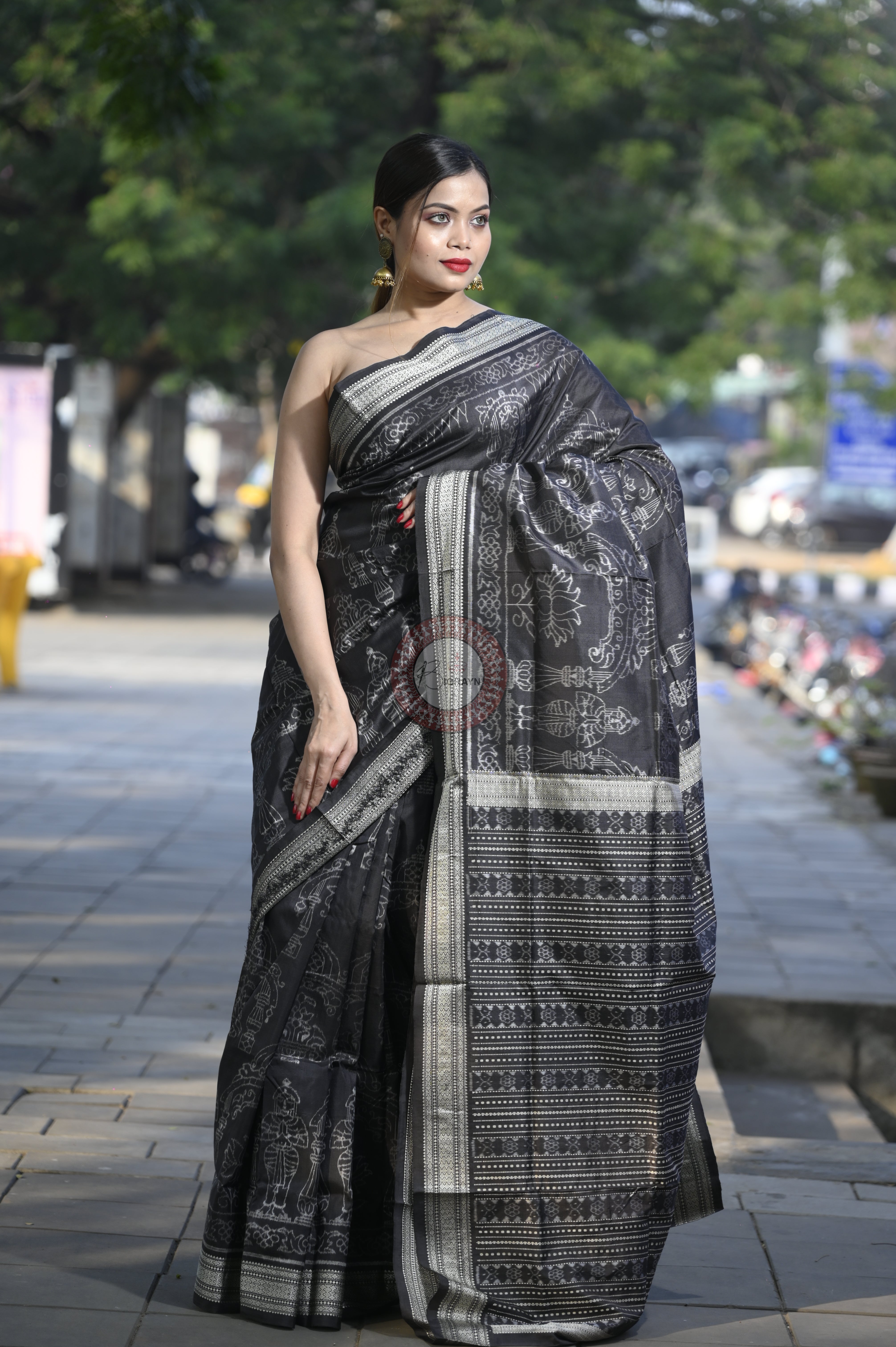 Black Tulasi Vrindavan Natural Dye Sambalpuri Silk Saree