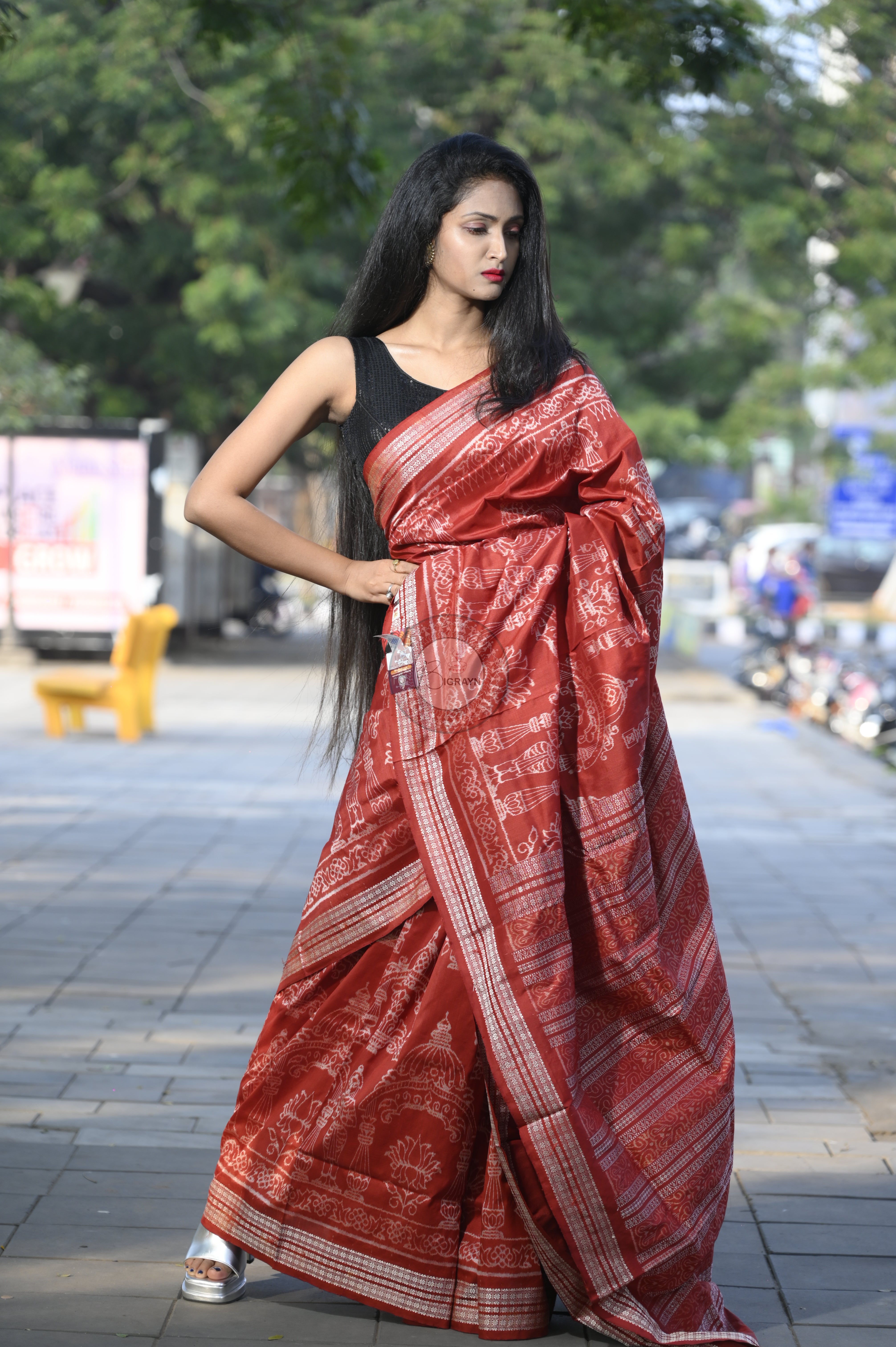 Red Tulasi Vrindavan Natural Dye Sambalpuri Silk Saree