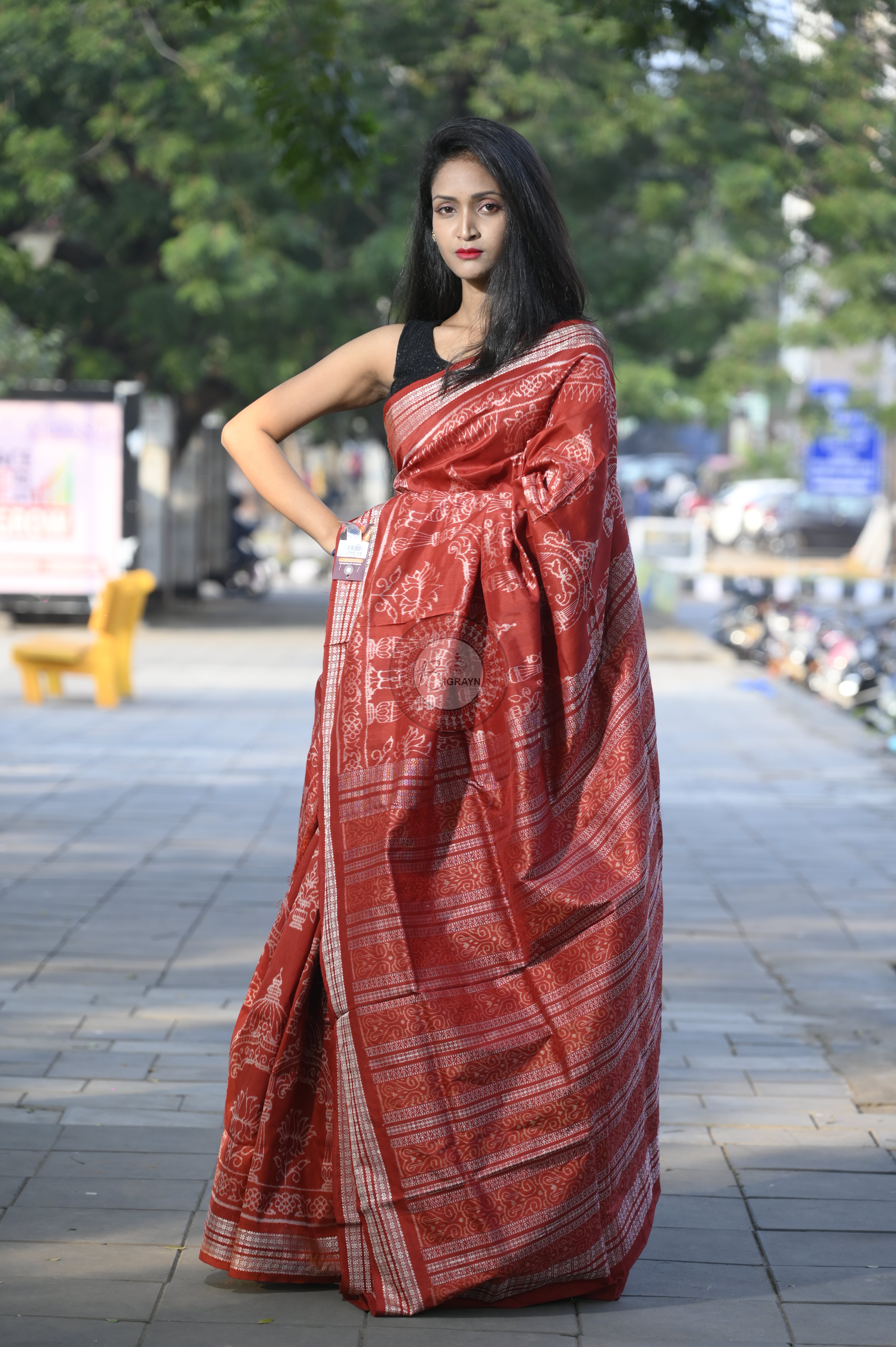 Red Tulasi Vrindavan Natural Dye Sambalpuri Silk Saree