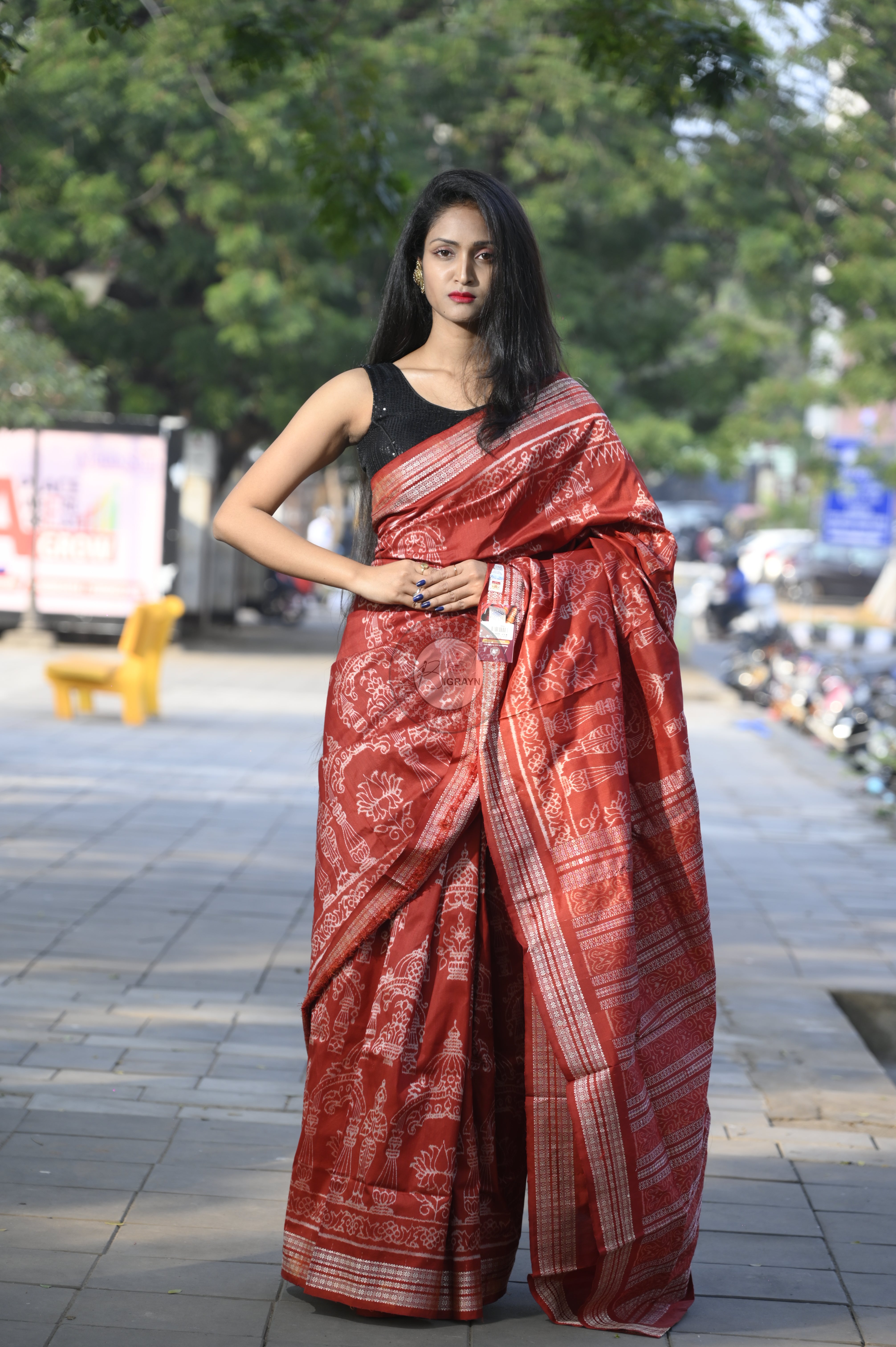 Red Tulasi Vrindavan Natural Dye Sambalpuri Silk Saree