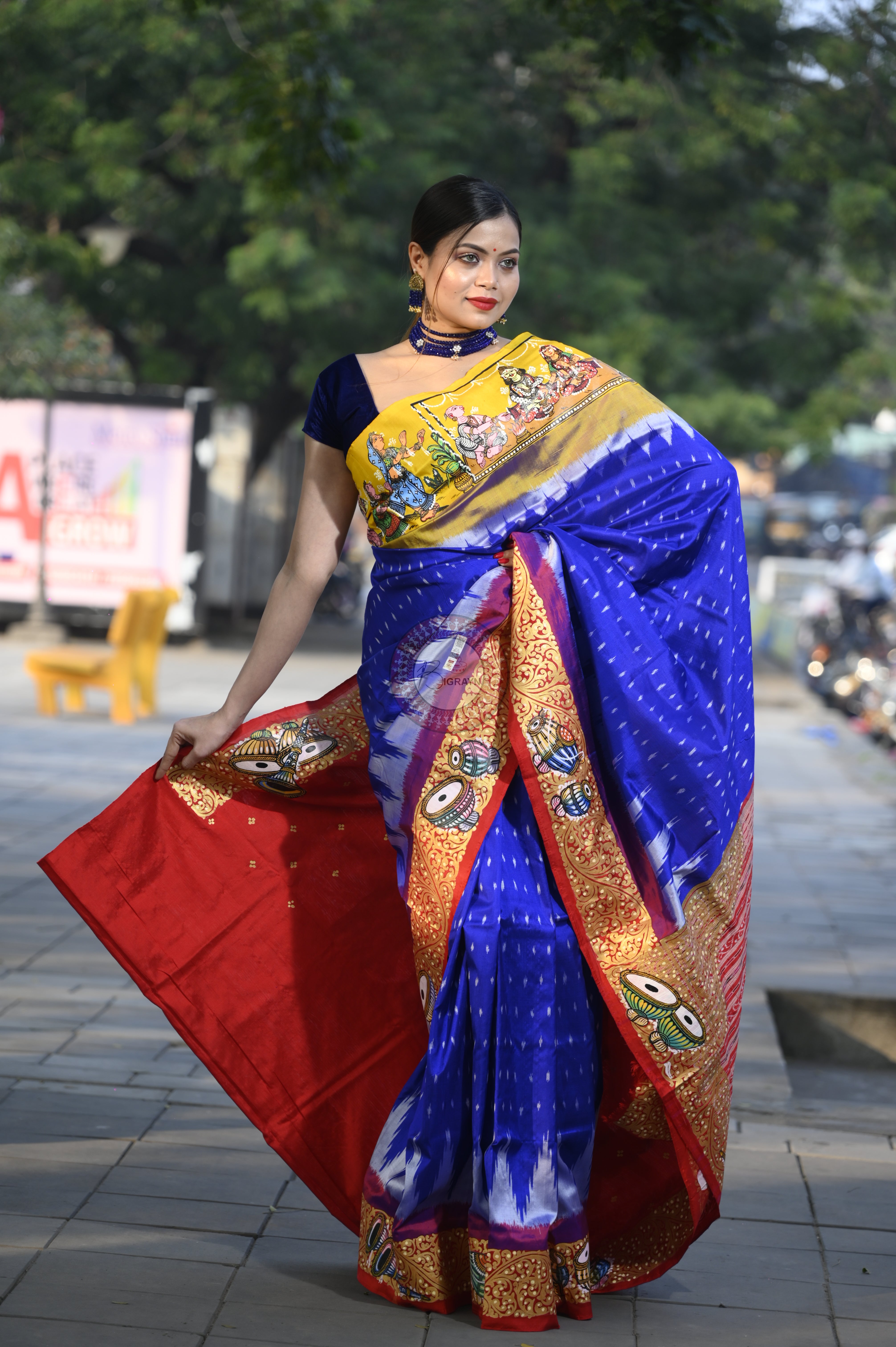 Blue Ganga Jamuna Border Marriage Theme Pattachitra Sambalpuri Silk Saree