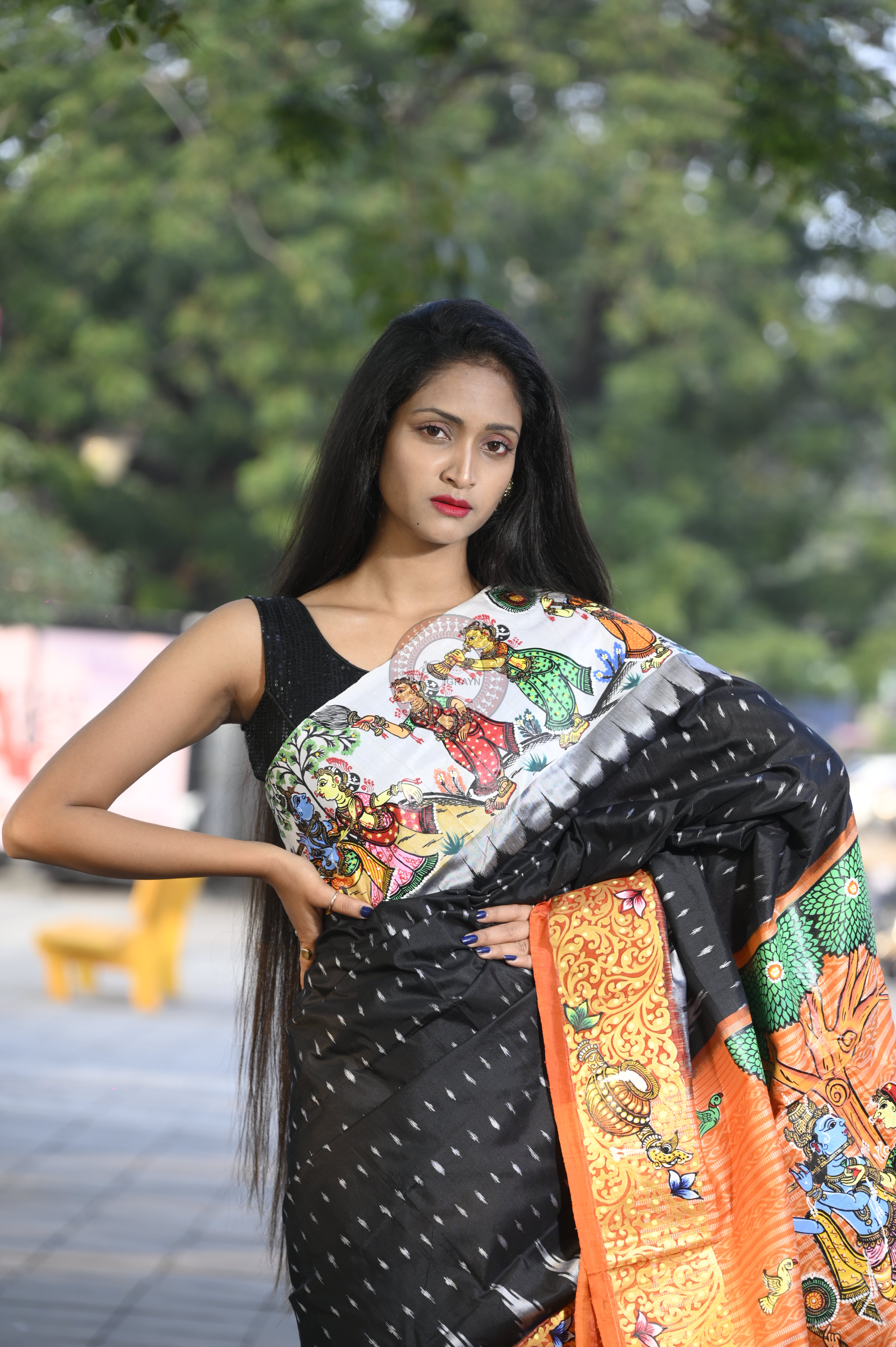Black Ganga Jamuna Border Radha Krishna Rasa Theme Pattachitra Sambalpuri Silk Saree