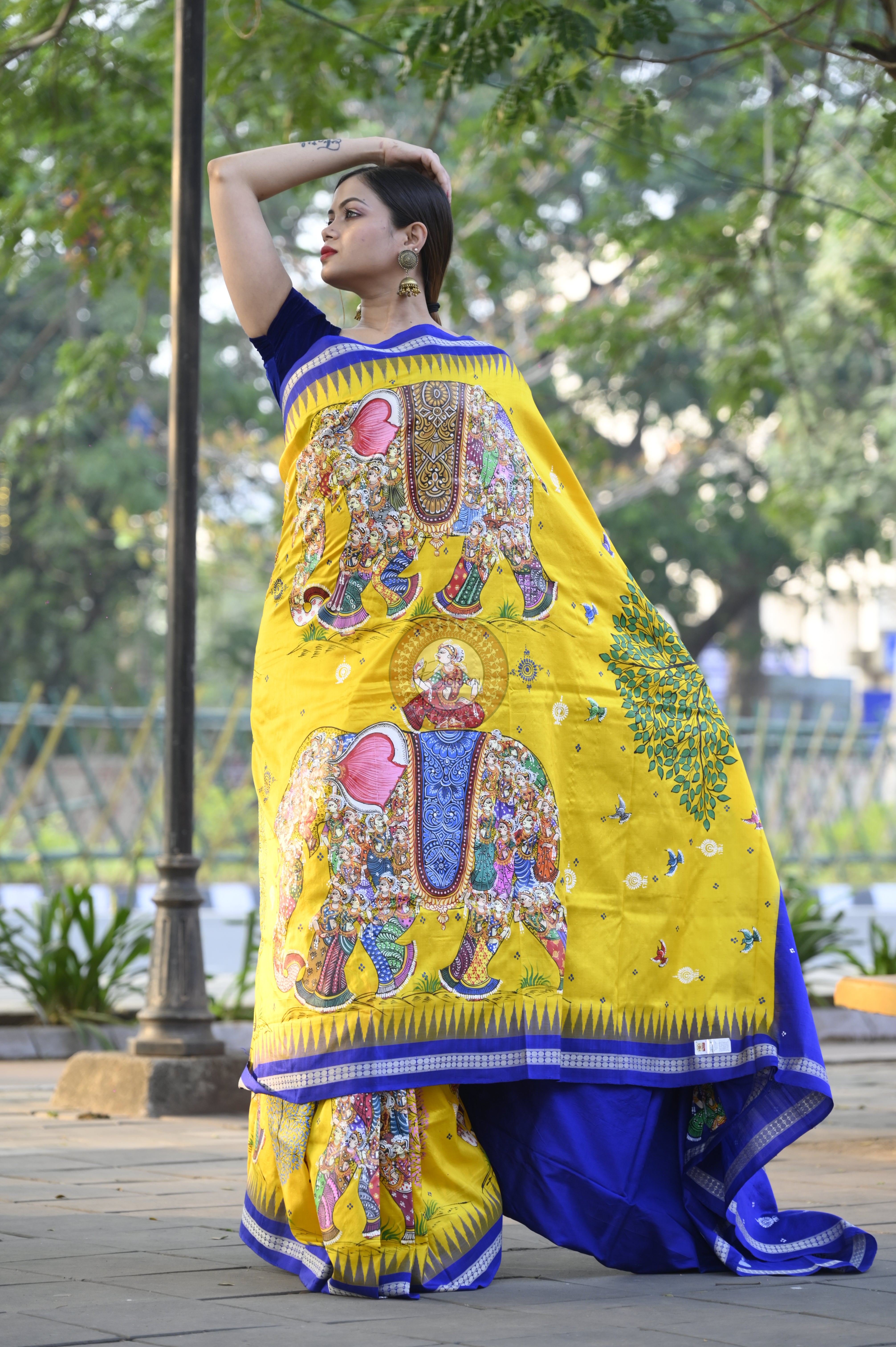 Yellow Blue Full Body 7 Figure Kandarp Hasti Theme Pattachitra Sambalpuri Silk Saree