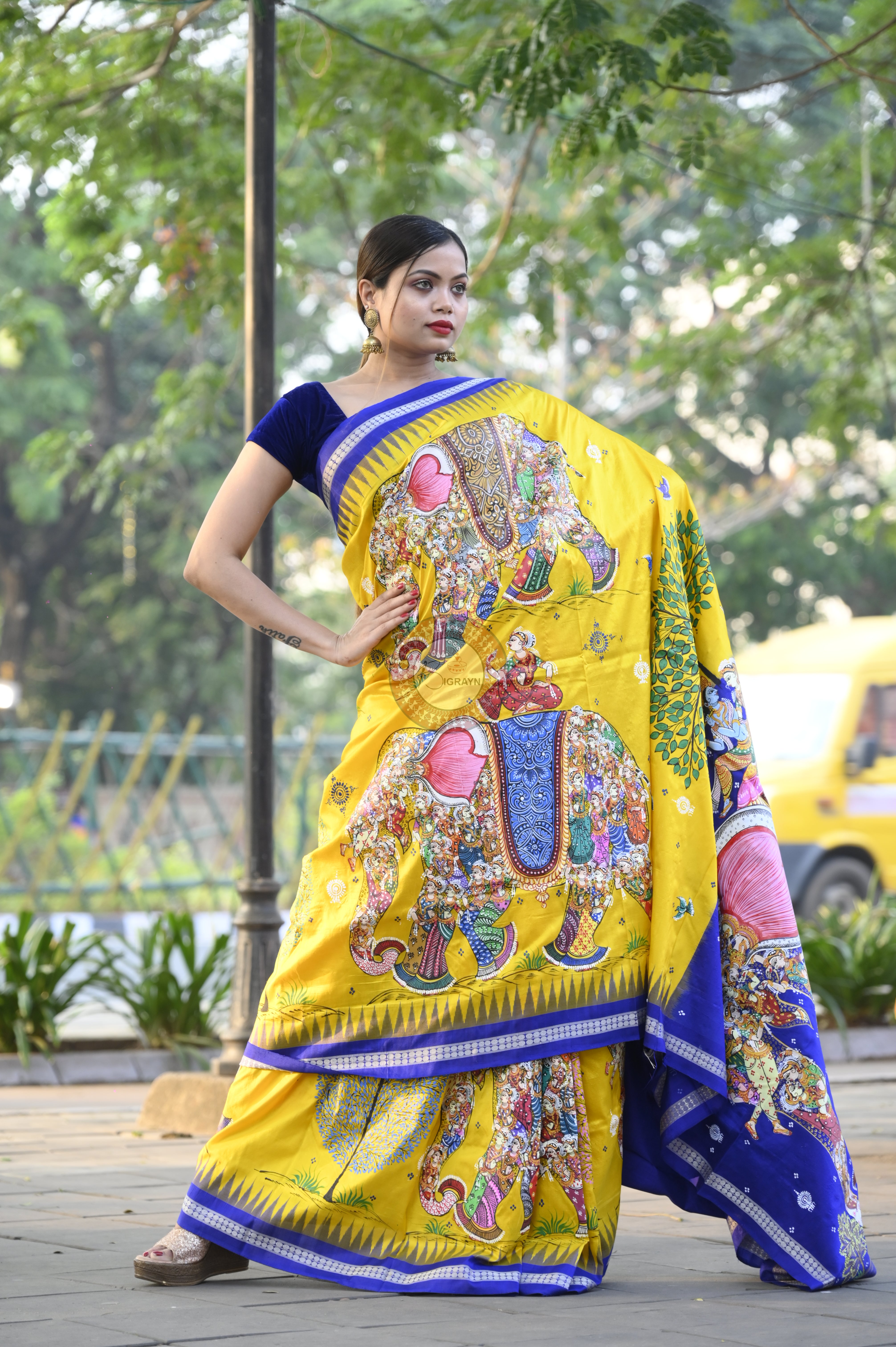 Yellow Blue Full Body 7 Figure Kandarp Hasti Theme Pattachitra Sambalpuri Silk Saree