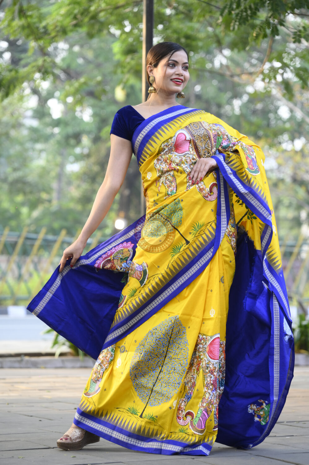 Yellow Blue Full Body 7 Figure Kandarp Hasti Theme Pattachitra Sambalpuri Silk Saree