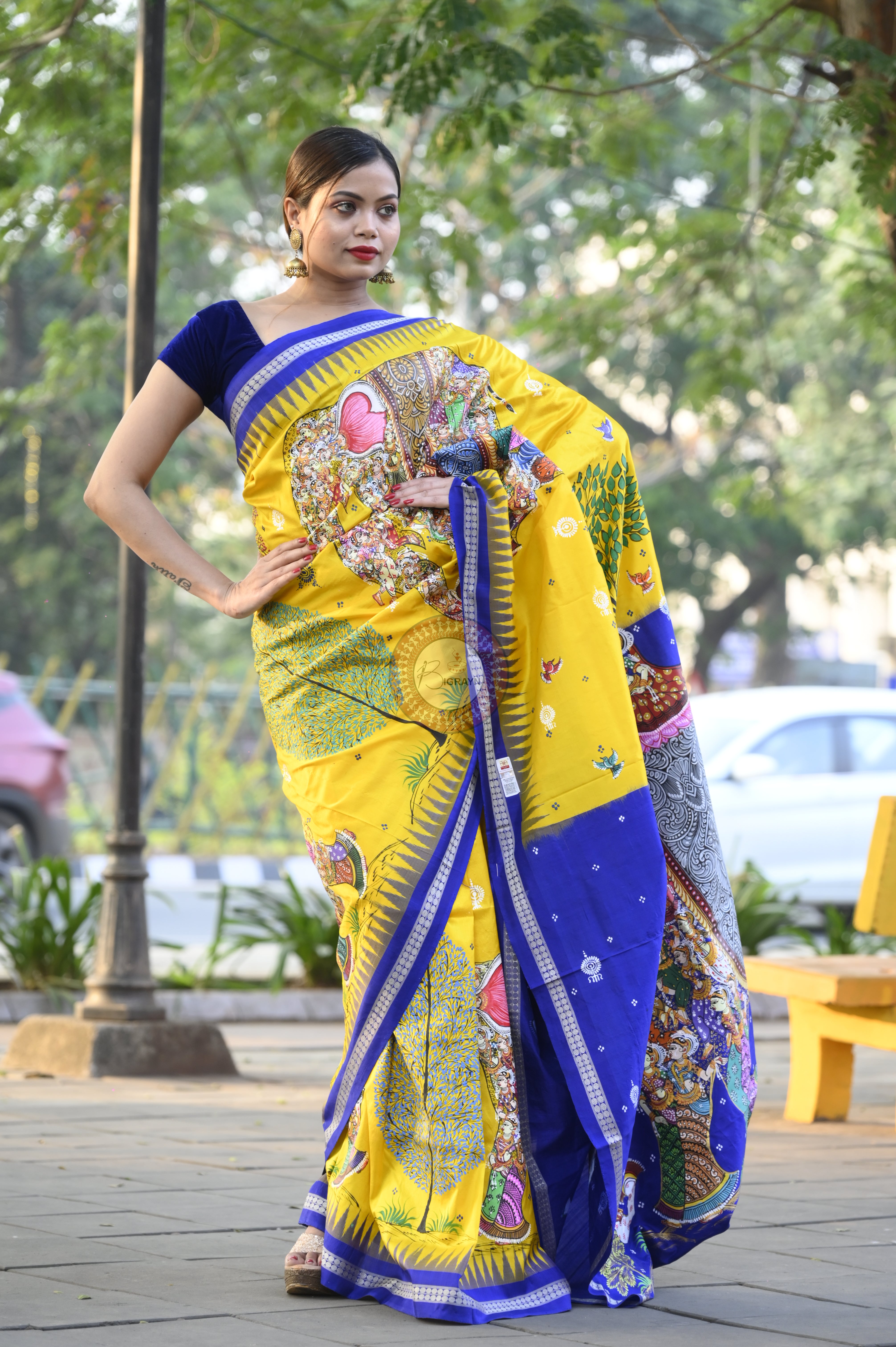 Yellow Blue Full Body 7 Figure Kandarp Hasti Theme Pattachitra Sambalpuri Silk Saree