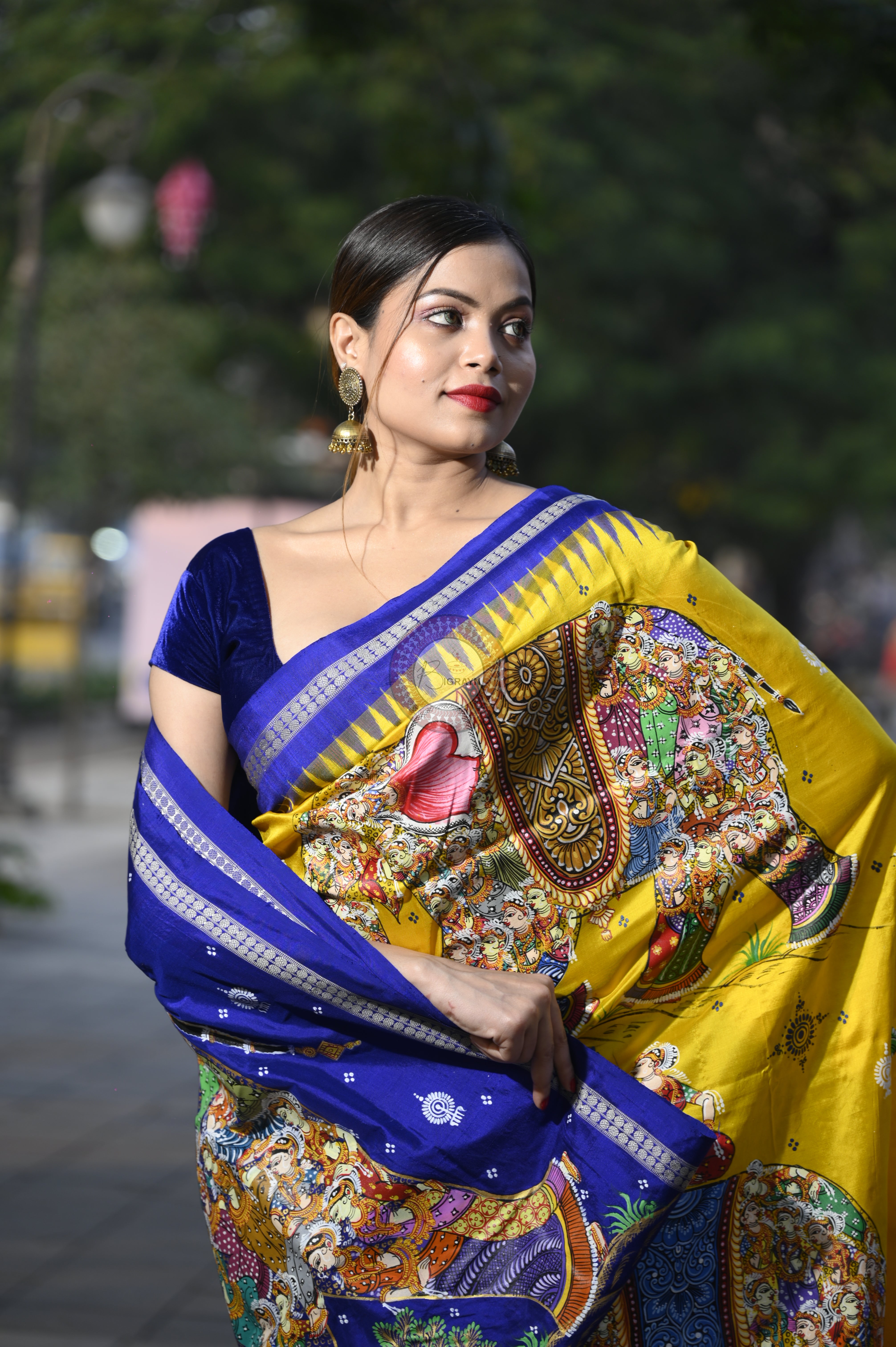 Yellow Blue Full Body 7 Figure Kandarp Hasti Theme Pattachitra Sambalpuri Silk Saree
