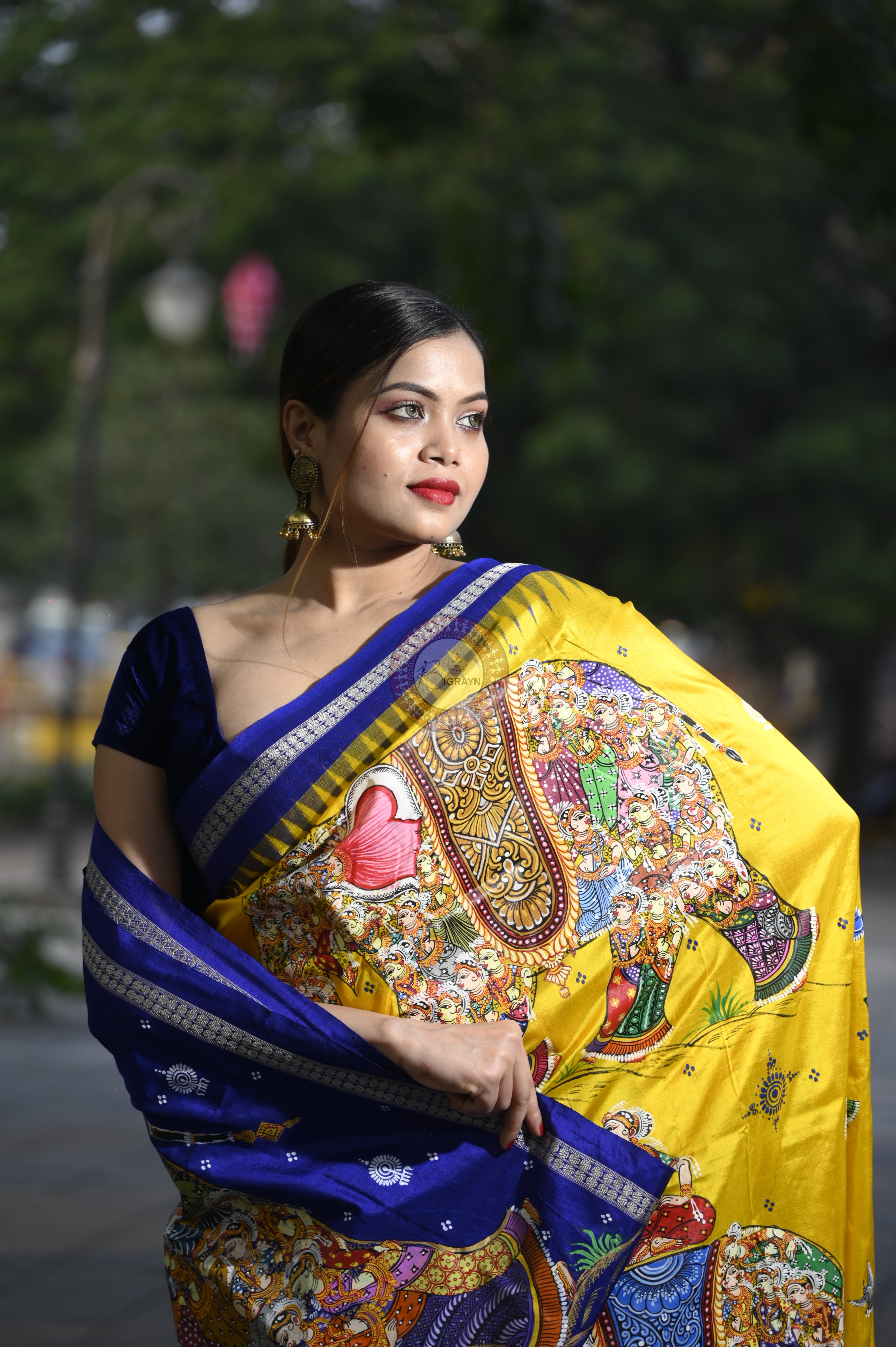 Yellow Blue Full Body 7 Figure Kandarp Hasti Theme Pattachitra Sambalpuri Silk Saree
