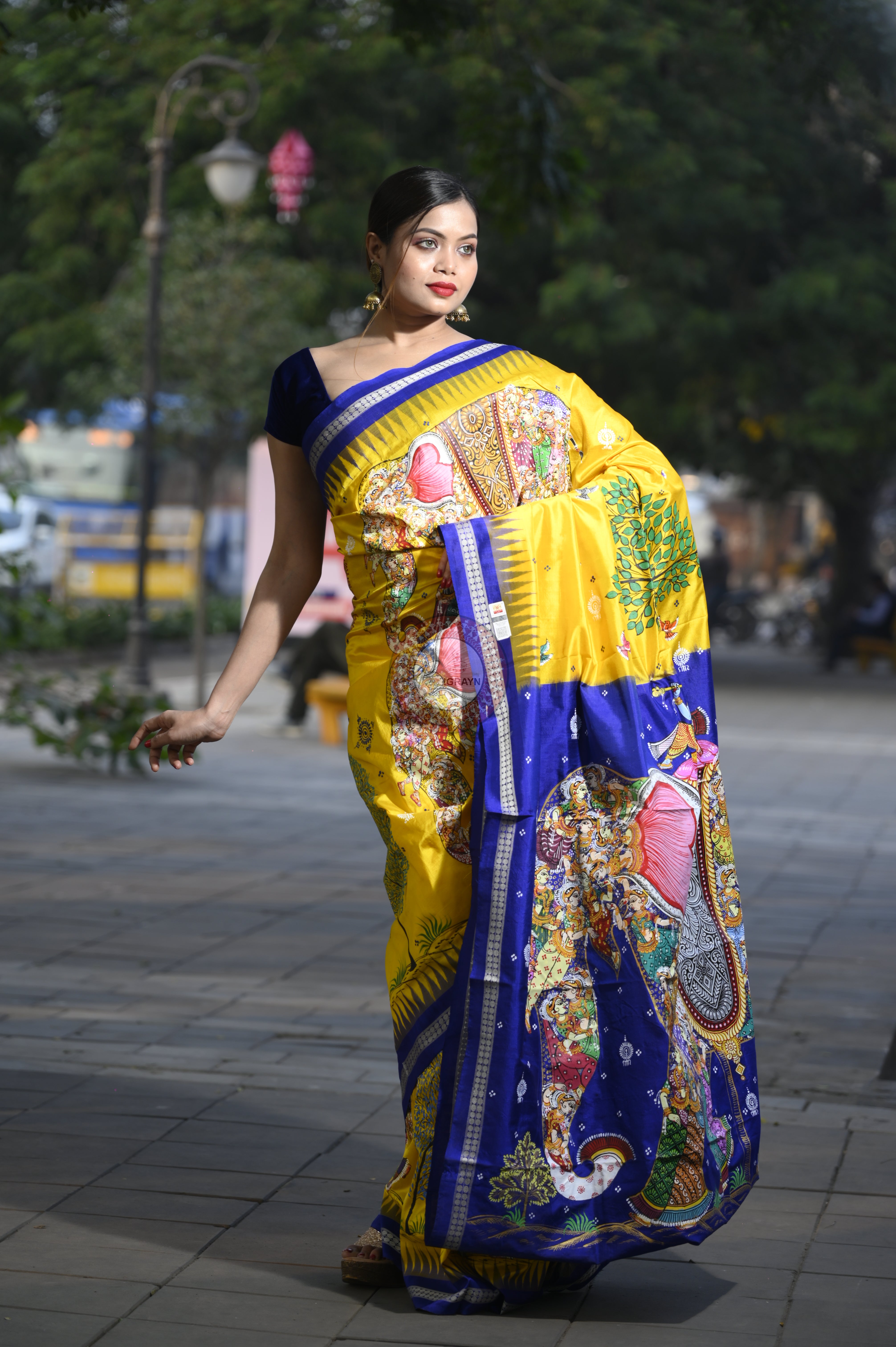 Yellow Blue Full Body 7 Figure Kandarp Hasti Theme Pattachitra Sambalpuri Silk Saree