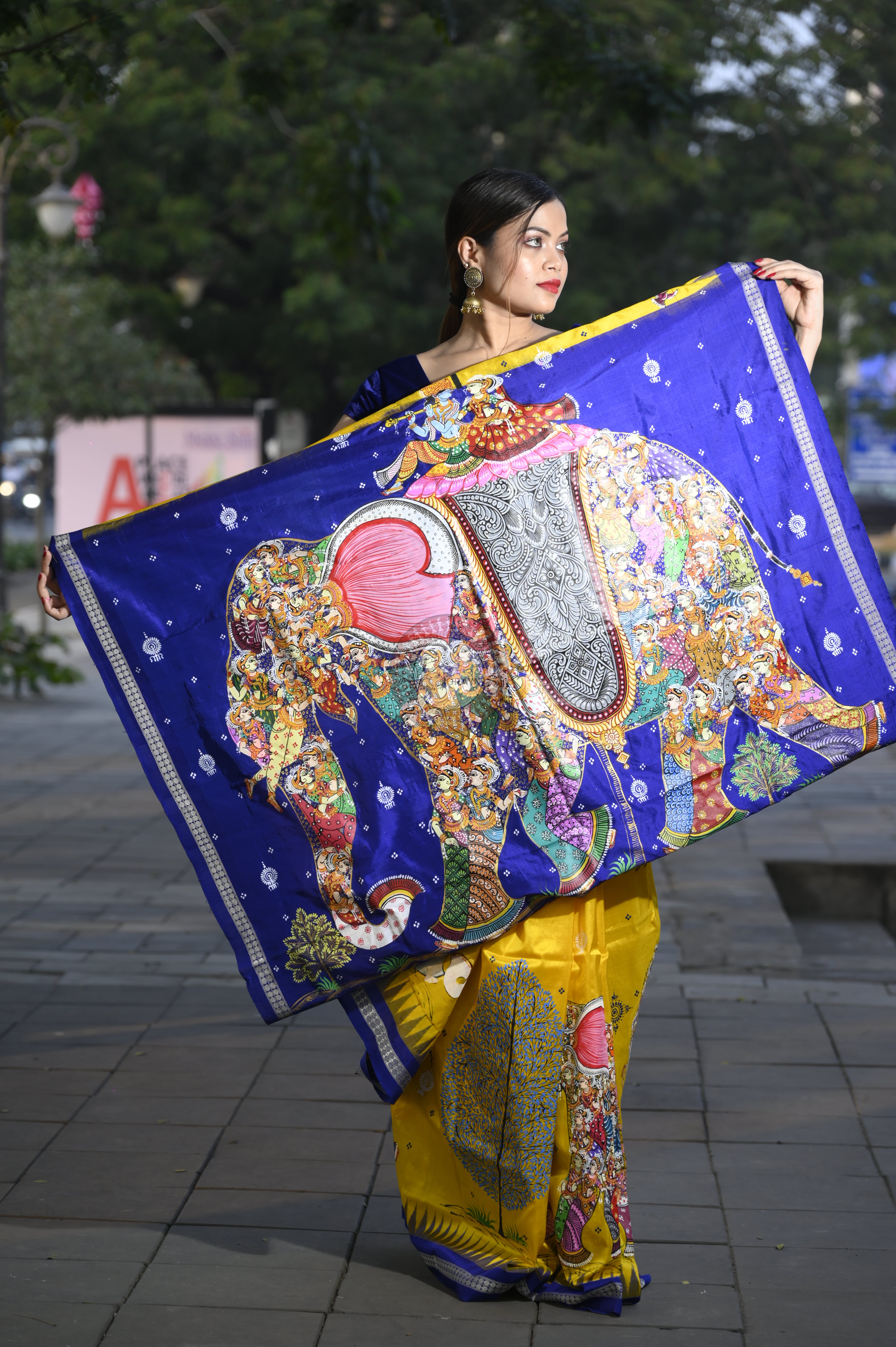Yellow Blue Full Body 7 Figure Kandarp Hasti Theme Pattachitra Sambalpuri Silk Saree