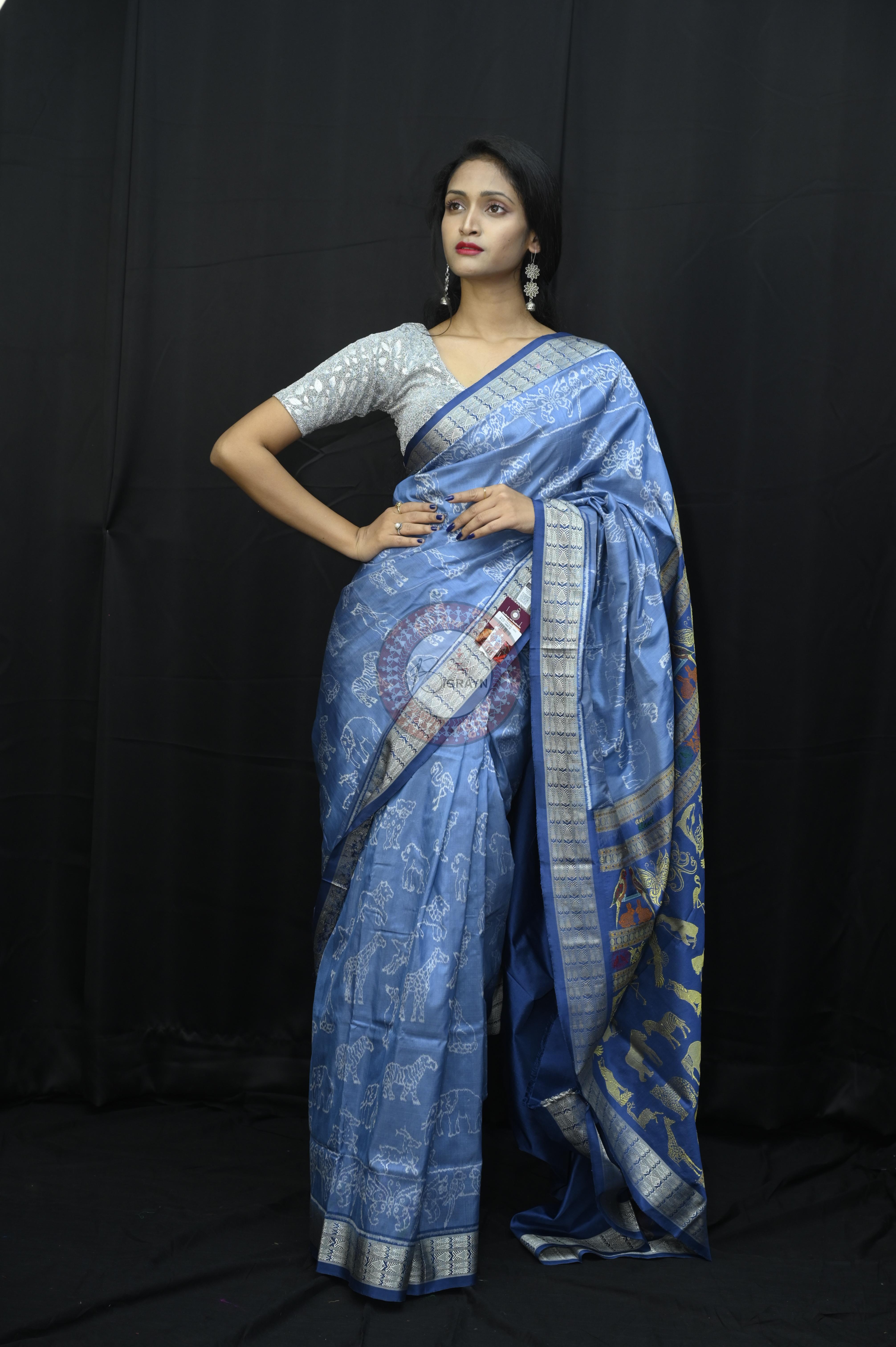 Indigo Blue Animal Planent Sambalpuri Silk Saree