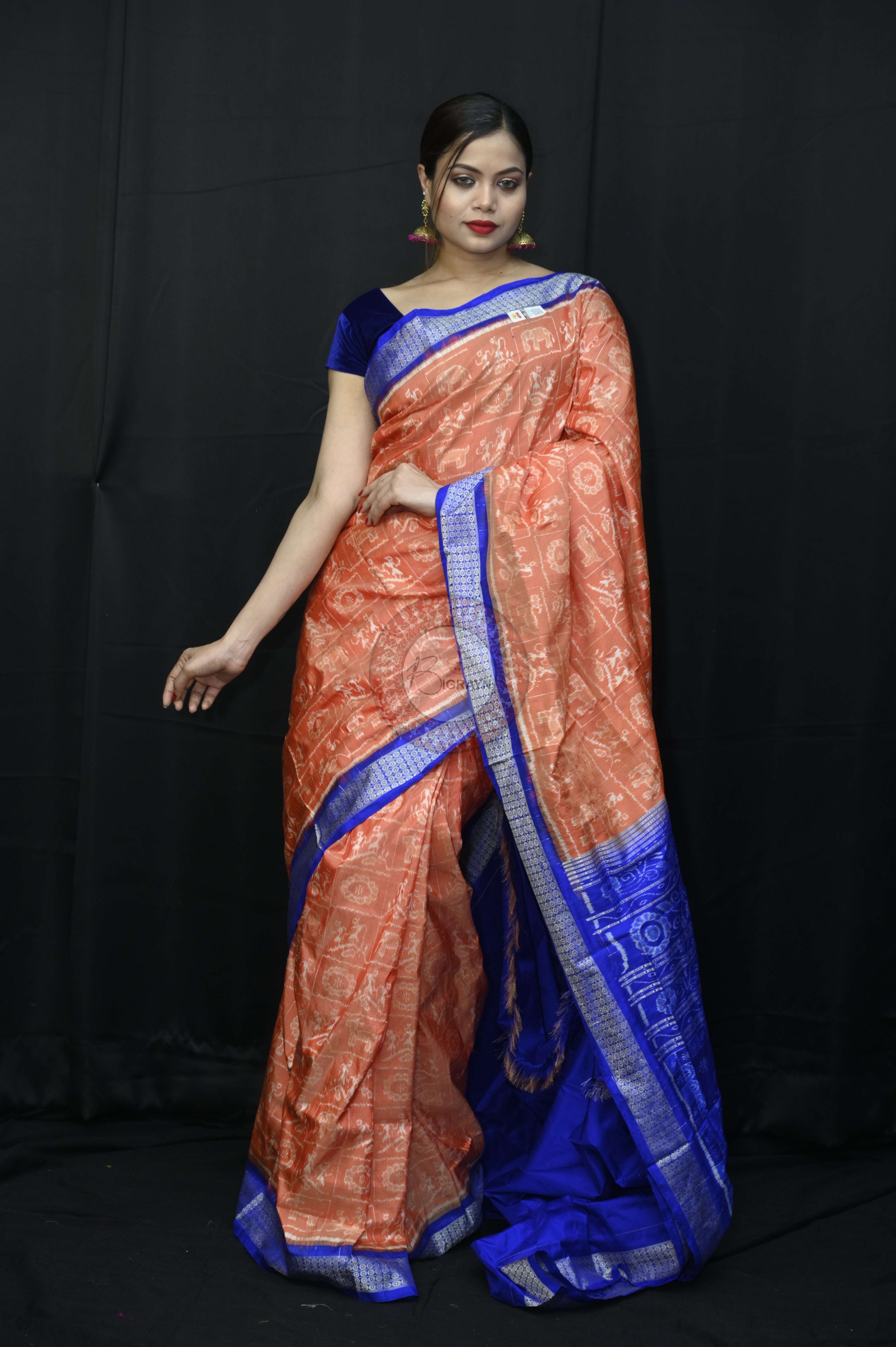 Peach Blue Tribal And Animal Bandha Sambalpuri Silk Saree