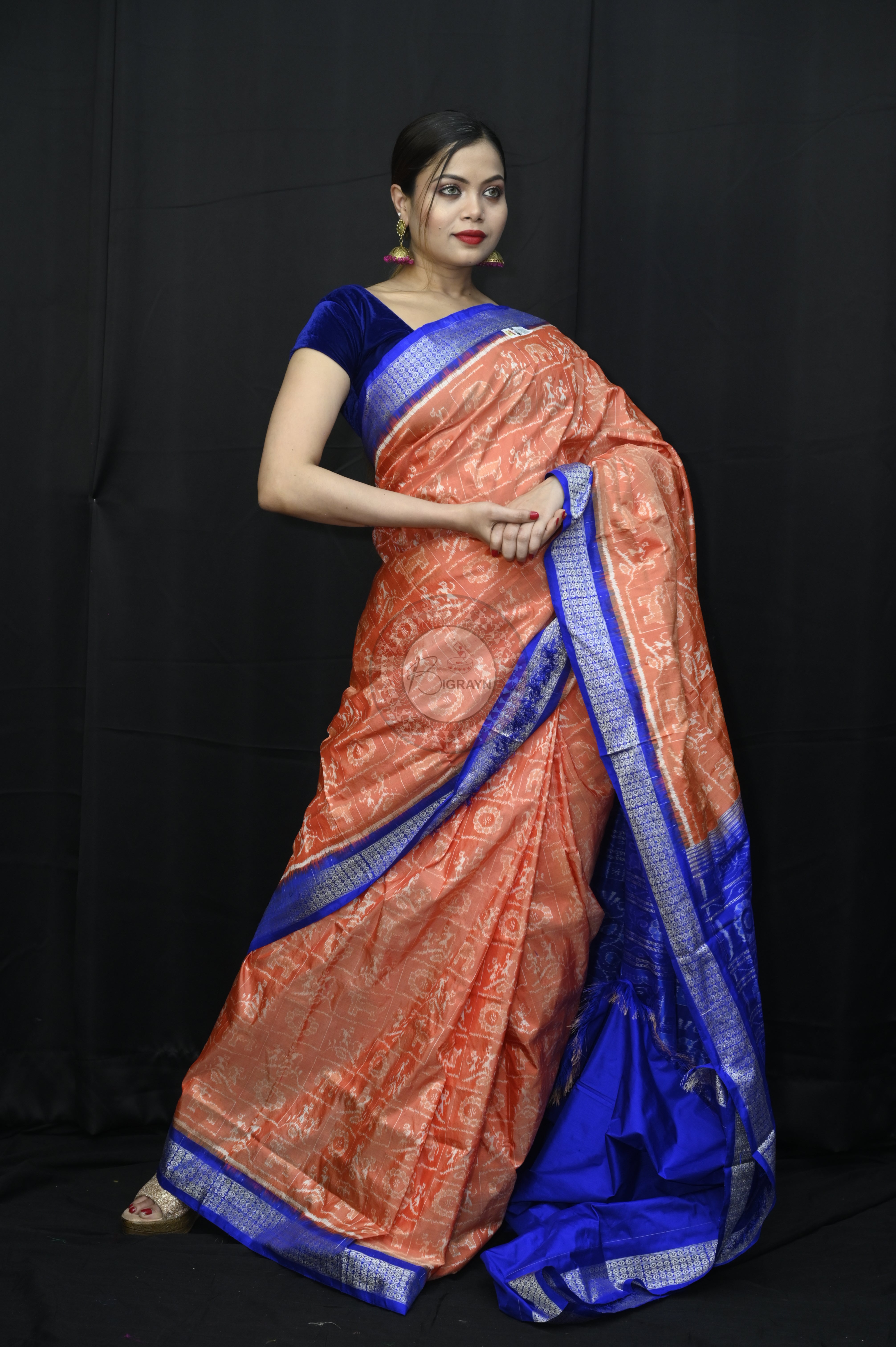 Peach Blue Tribal And Animal Bandha Sambalpuri Silk Saree