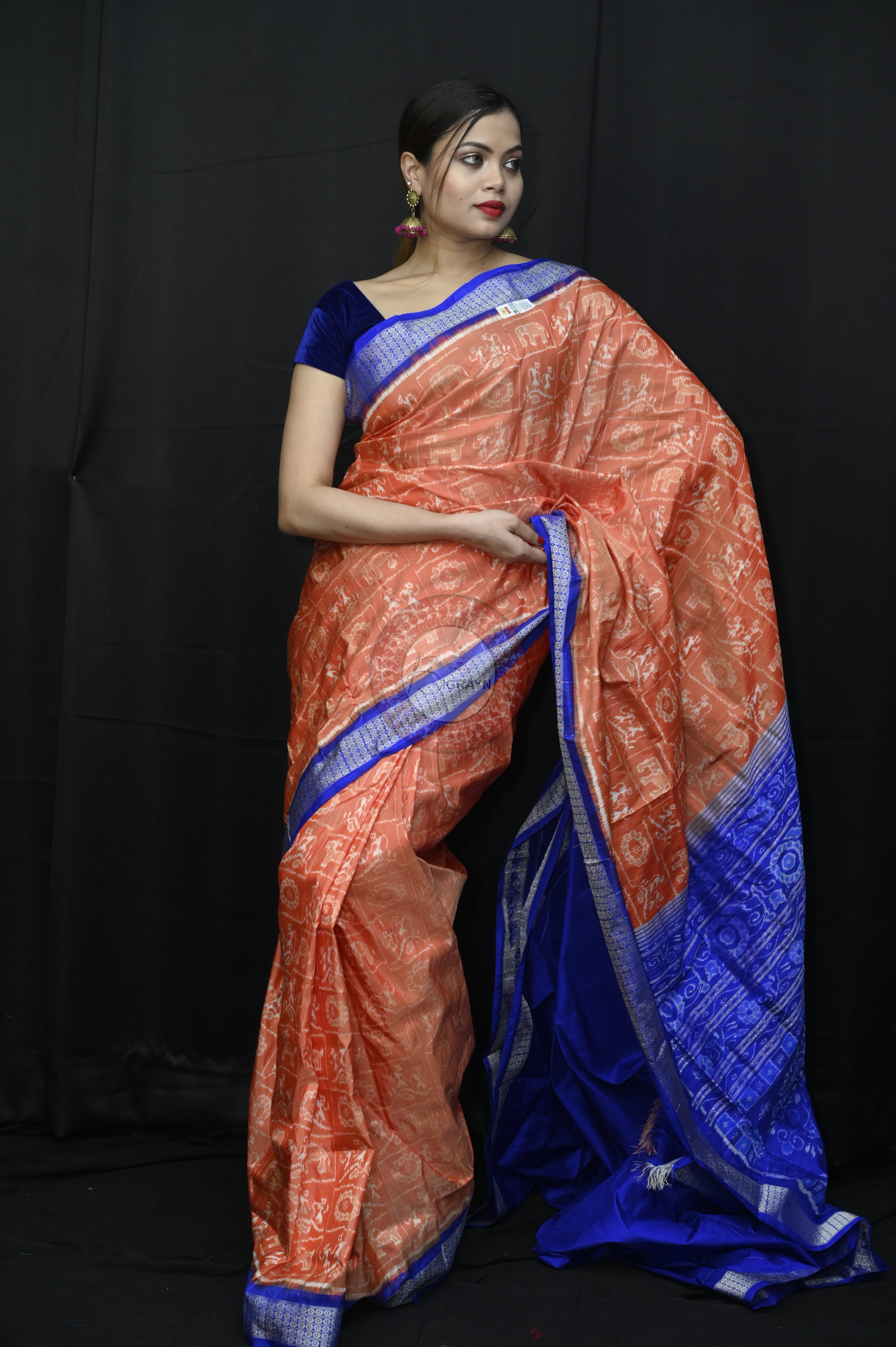Peach Blue Tribal And Animal Bandha Sambalpuri Silk Saree