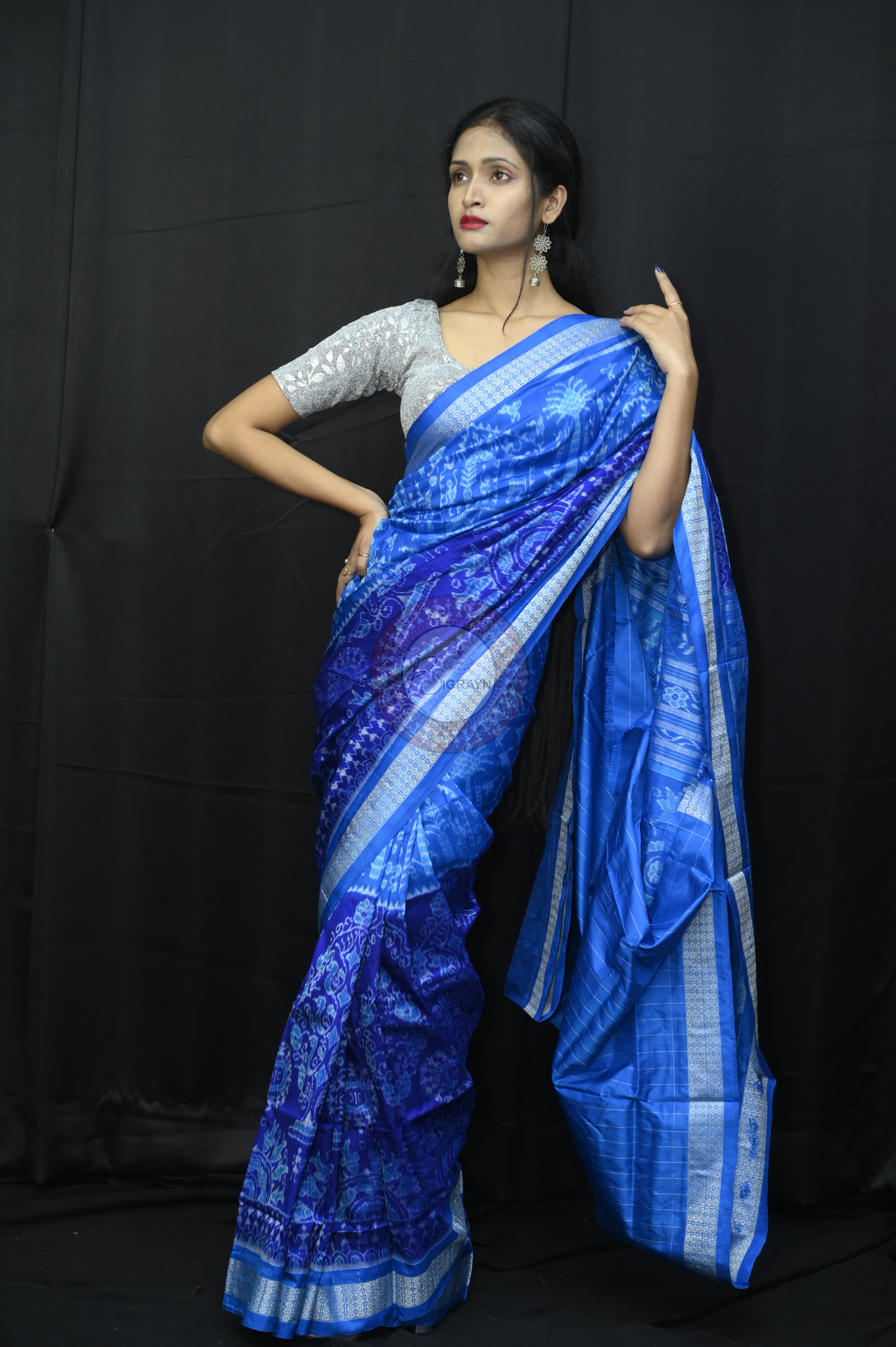 Copper Sulphate Blue Tribal With Tree Sambalpuri Silk Saree