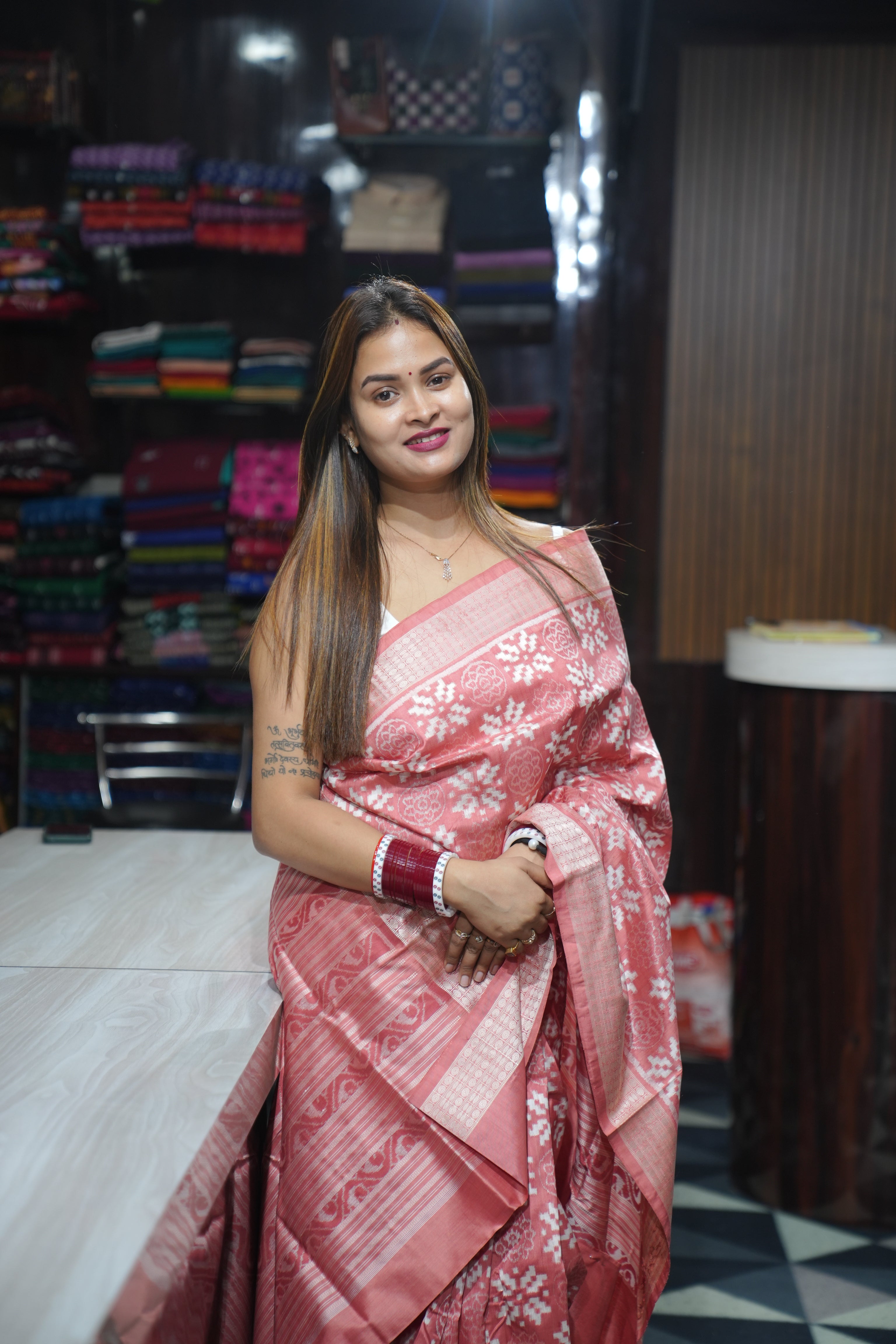 Peach Pink Flower Design Natural Dye Sambalpuri Silk Saree