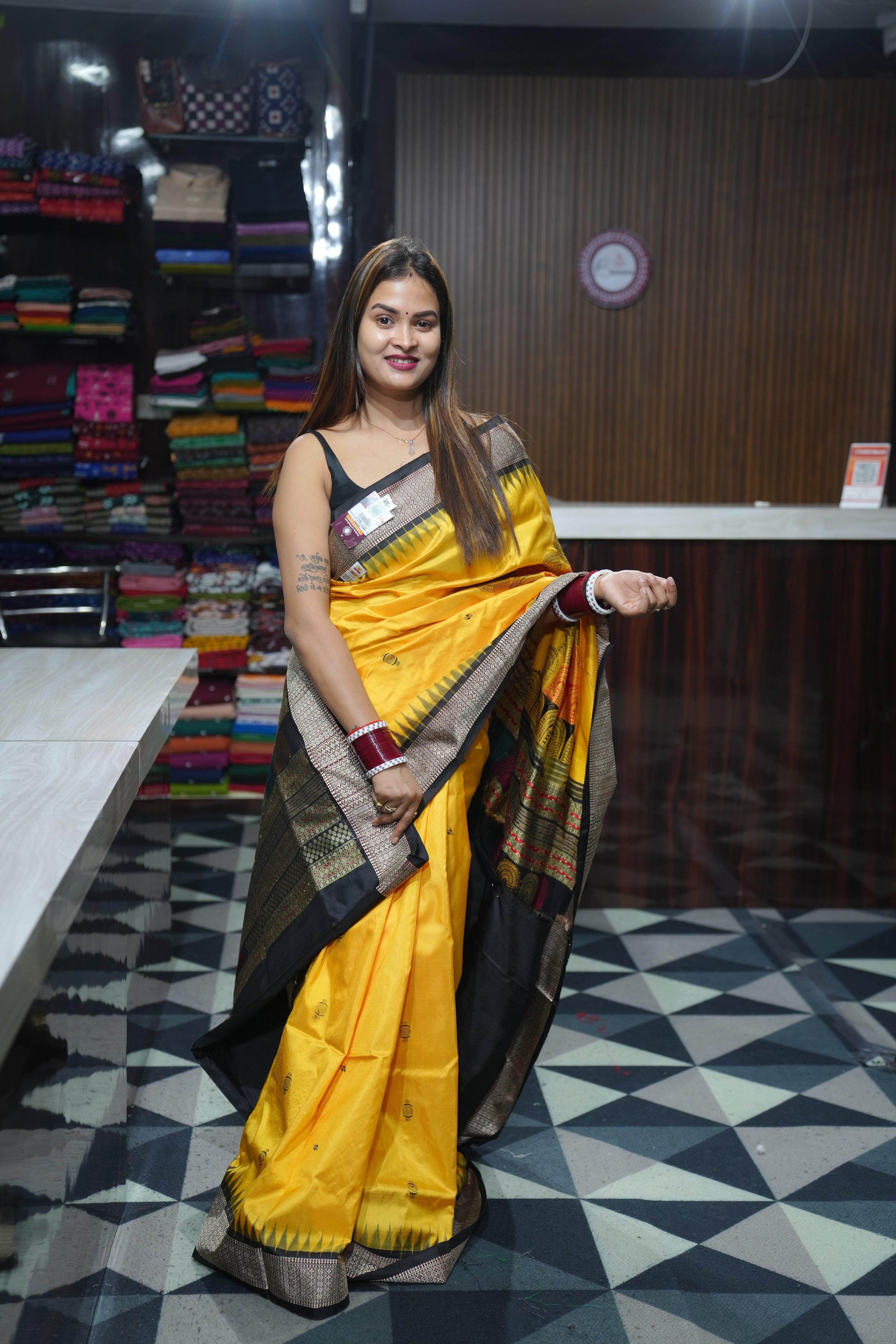Yellow Black Chandrama Exclusive Sambalpuri Silk Saree