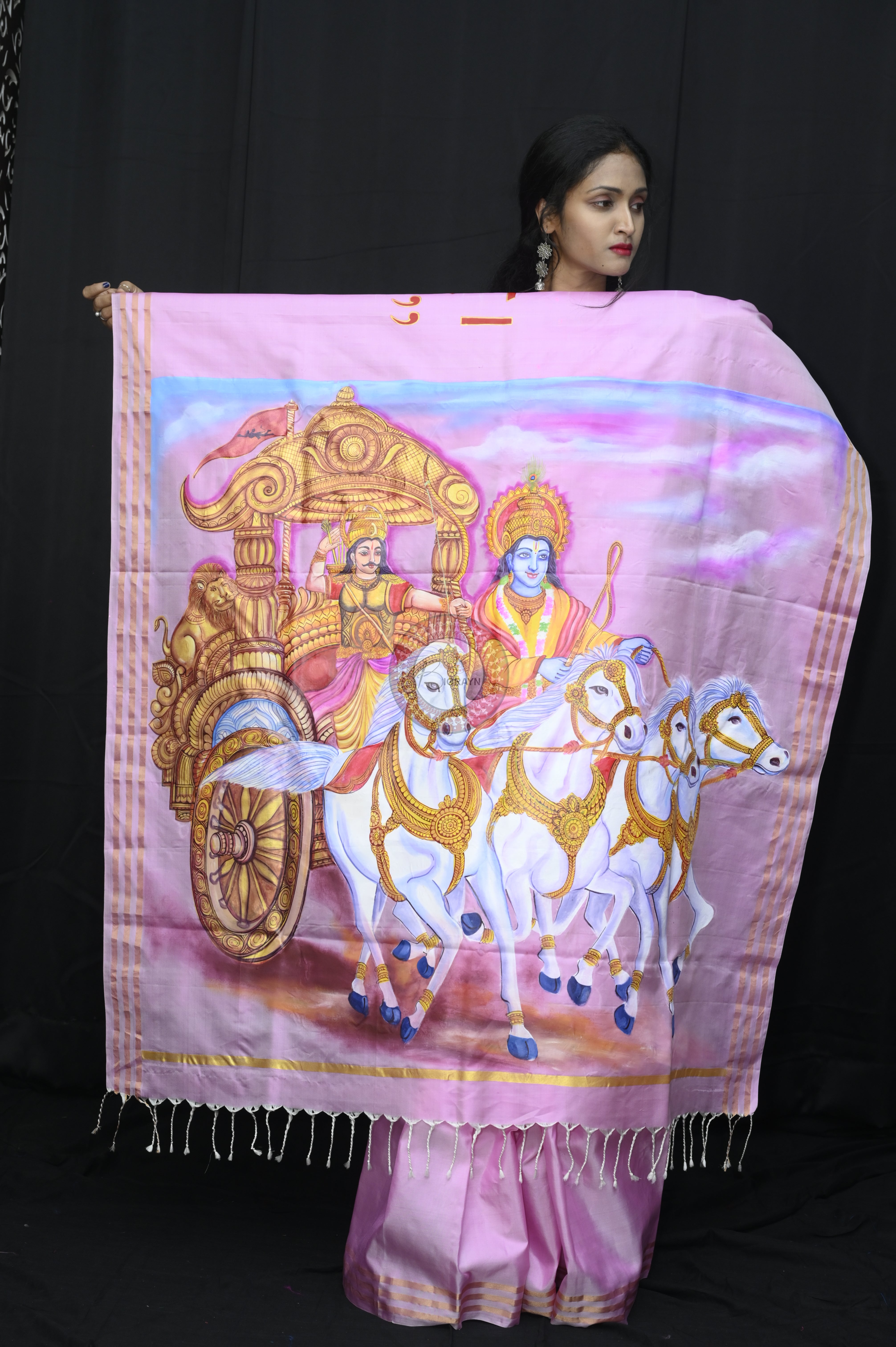 Pink Maha Bharat Theme Pattachitra Sambalpuri Silk Saree