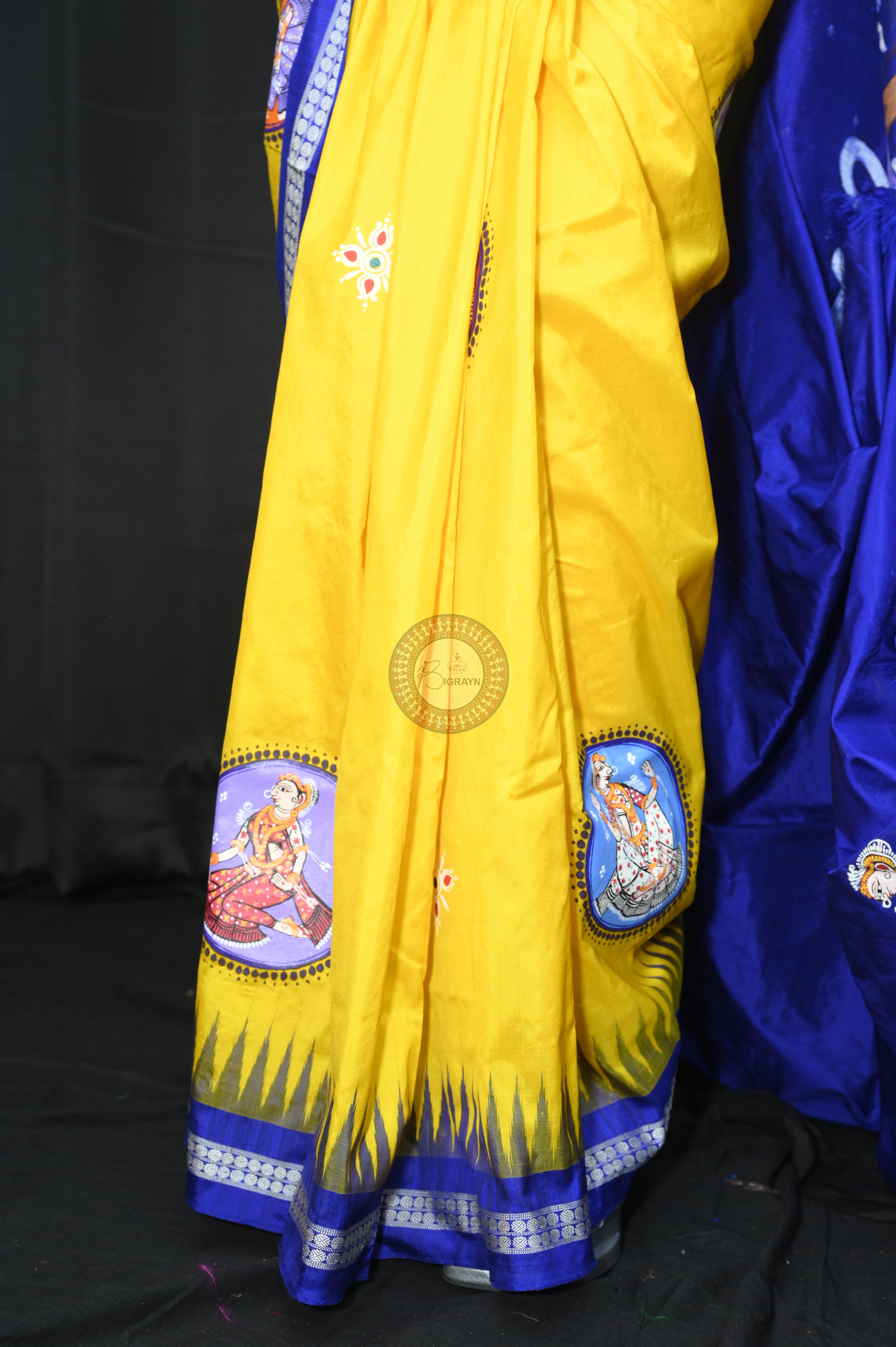 Yellow Blue Kandarp Kalasha Theme Pattachitra Sambalpuri Silk Saree