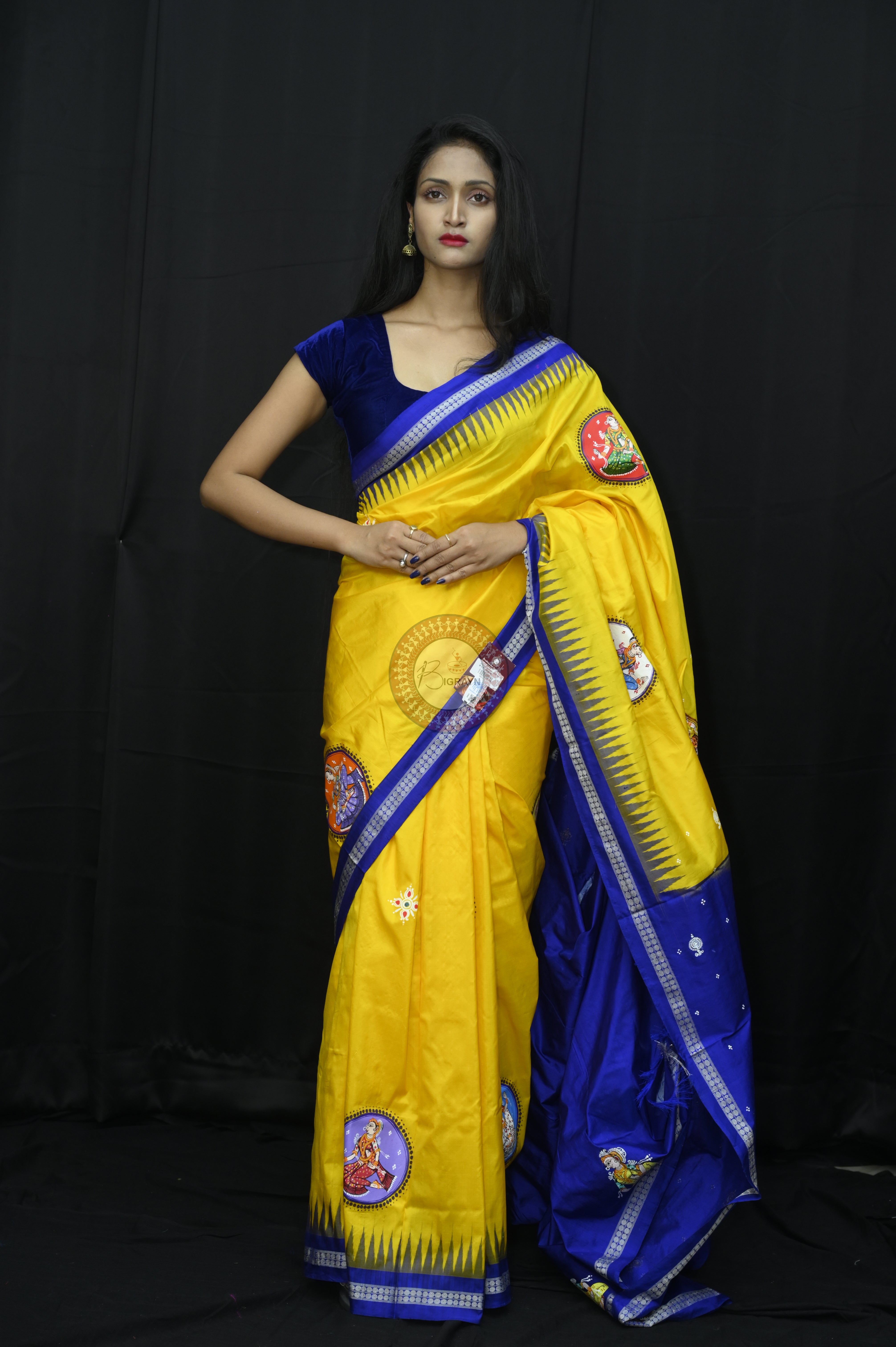 Yellow Blue Kandarp Kalasha Theme Pattachitra Sambalpuri Silk Saree