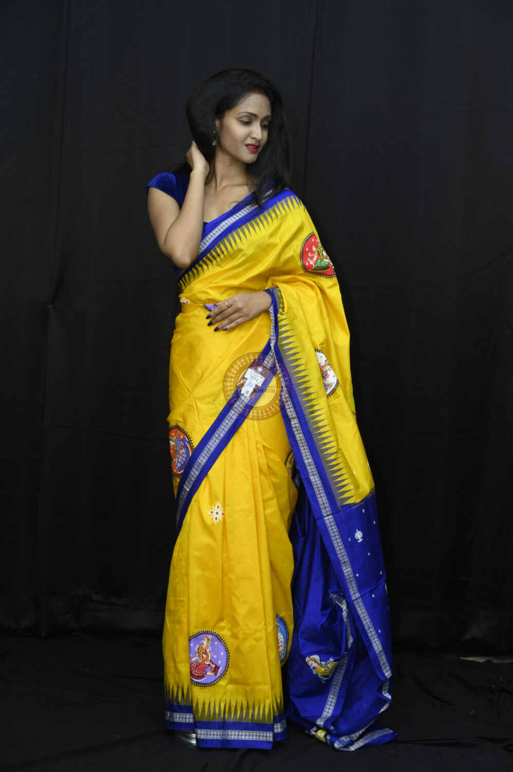 Yellow Blue Kandarp Kalasha Theme Pattachitra Sambalpuri Silk Saree