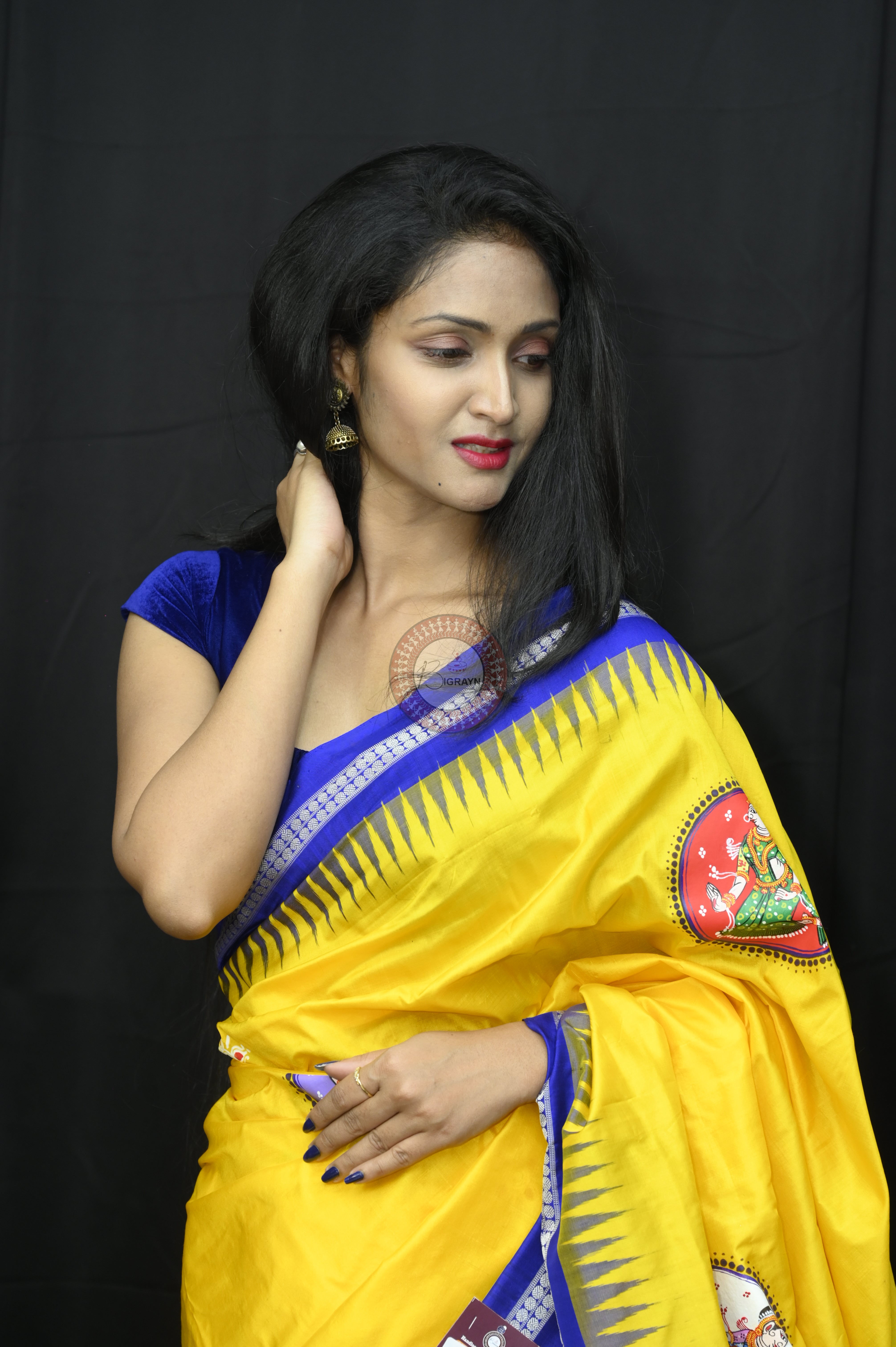 Yellow Blue Kandarp Kalasha Theme Pattachitra Sambalpuri Silk Saree