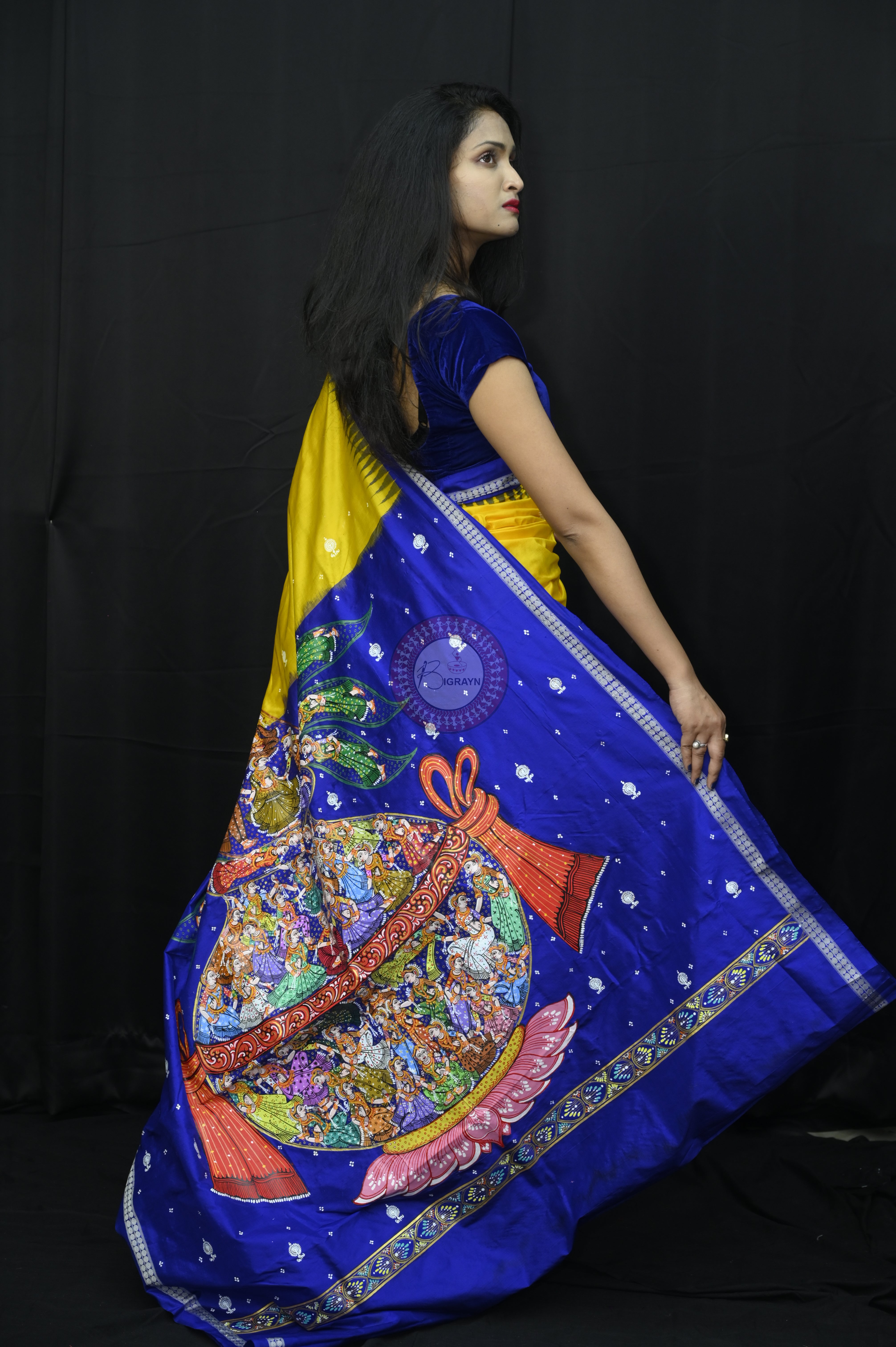Yellow Blue Kandarp Kalasha Theme Pattachitra Sambalpuri Silk Saree