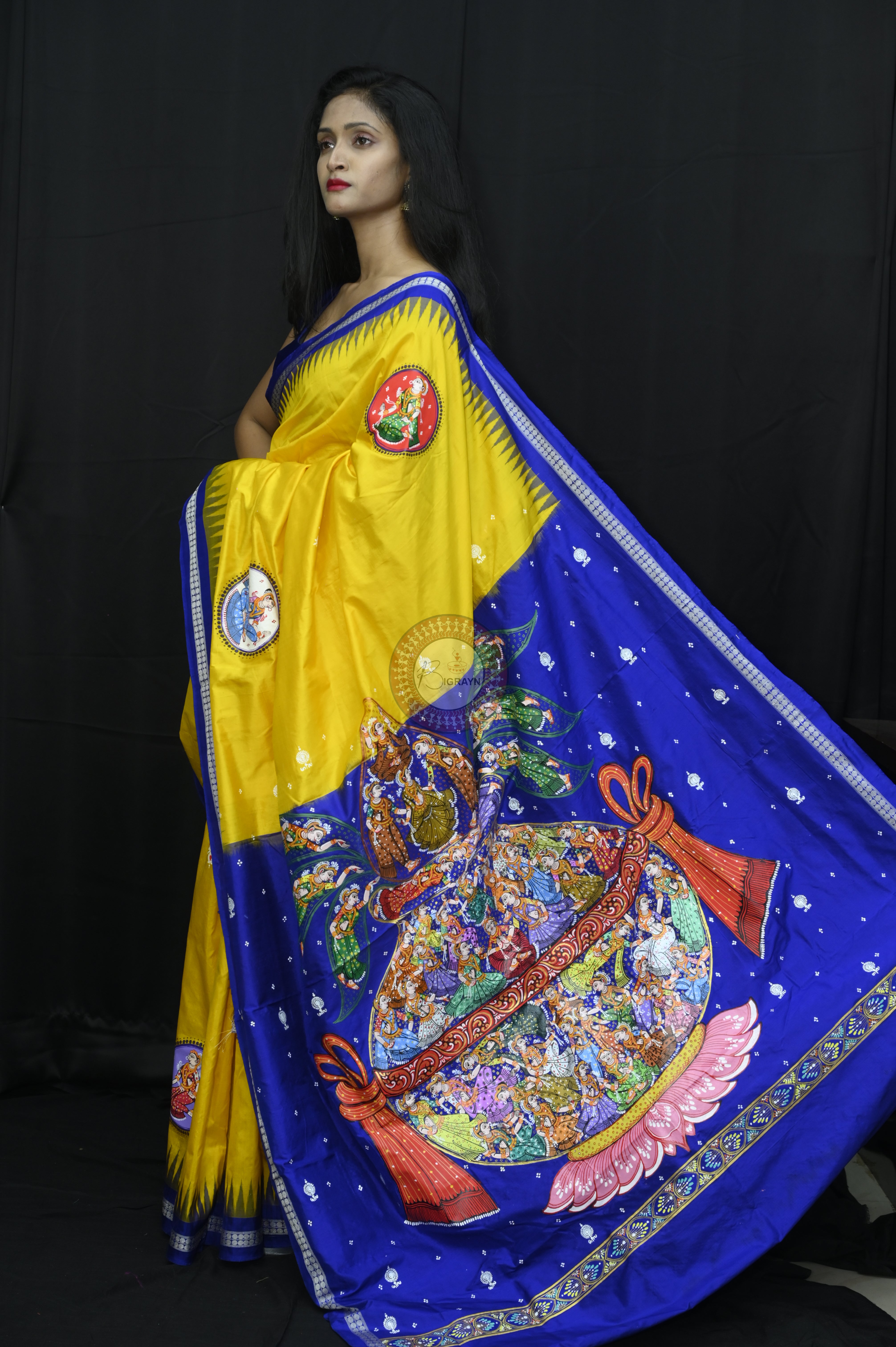 Yellow Blue Kandarp Kalasha Theme Pattachitra Sambalpuri Silk Saree