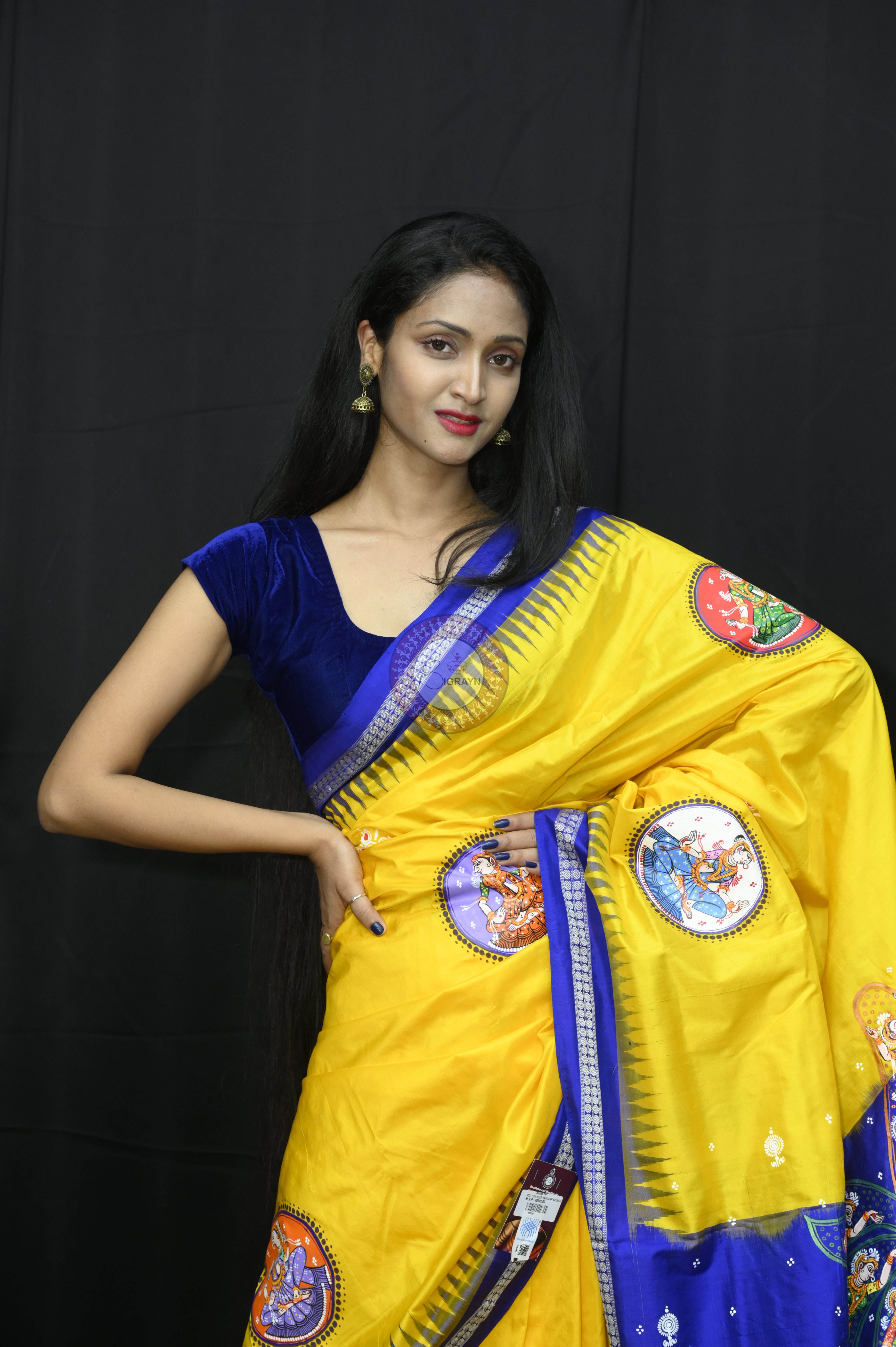 Yellow Blue Kandarp Kalasha Theme Pattachitra Sambalpuri Silk Saree