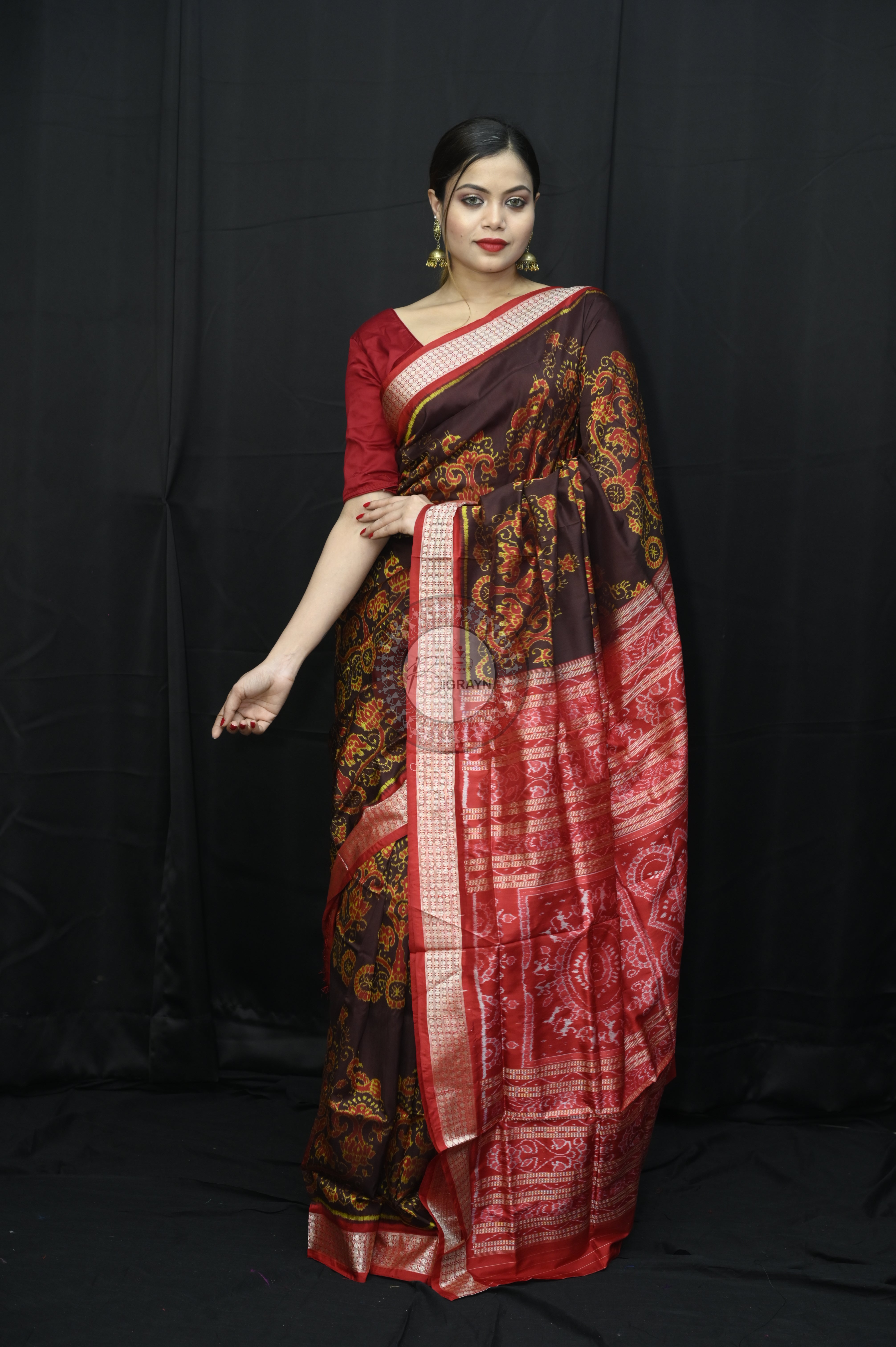 Coffee Red Jhoti Design Sambalpuri Silk Saree