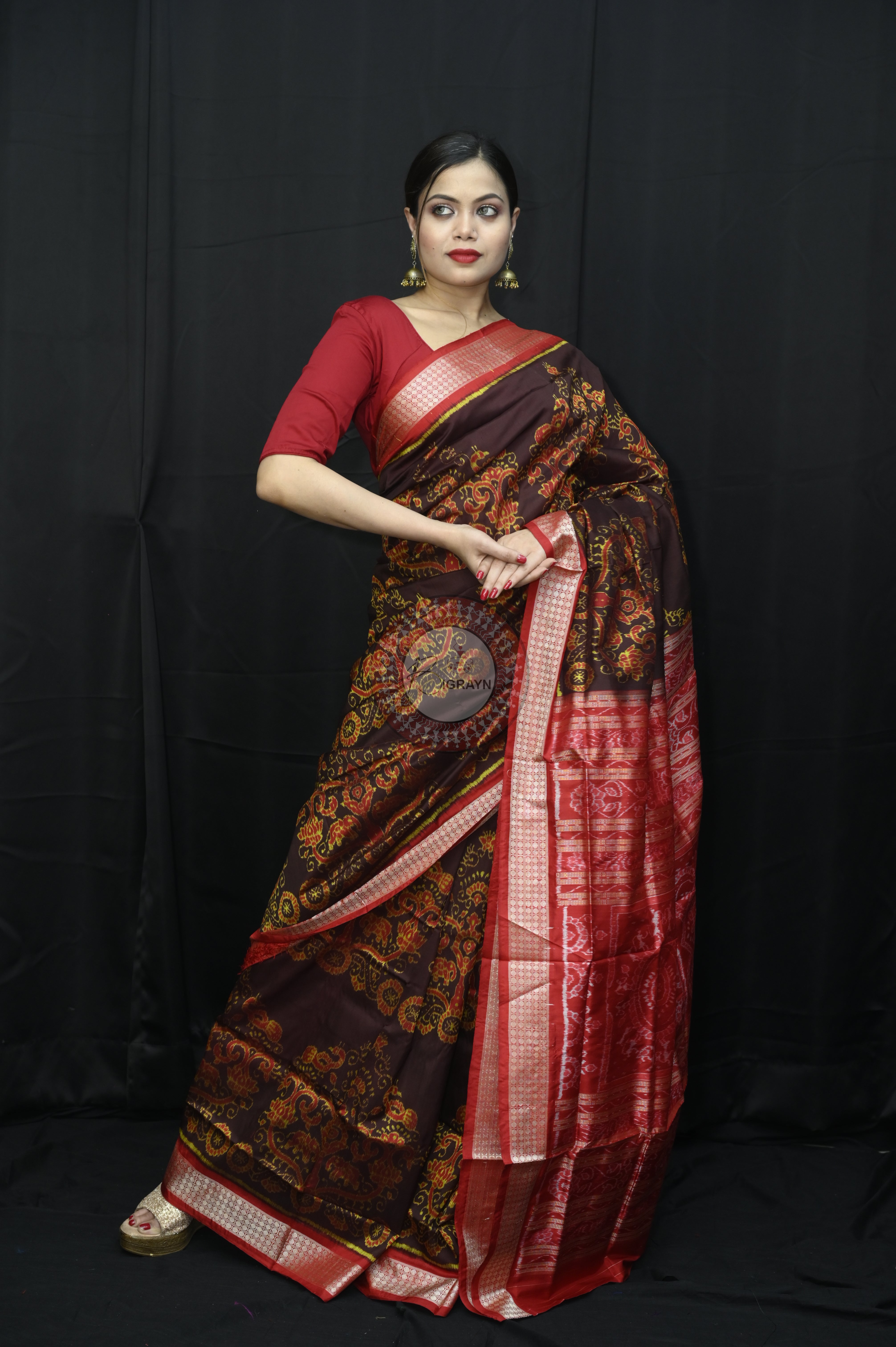 Coffee Red Jhoti Design Sambalpuri Silk Saree