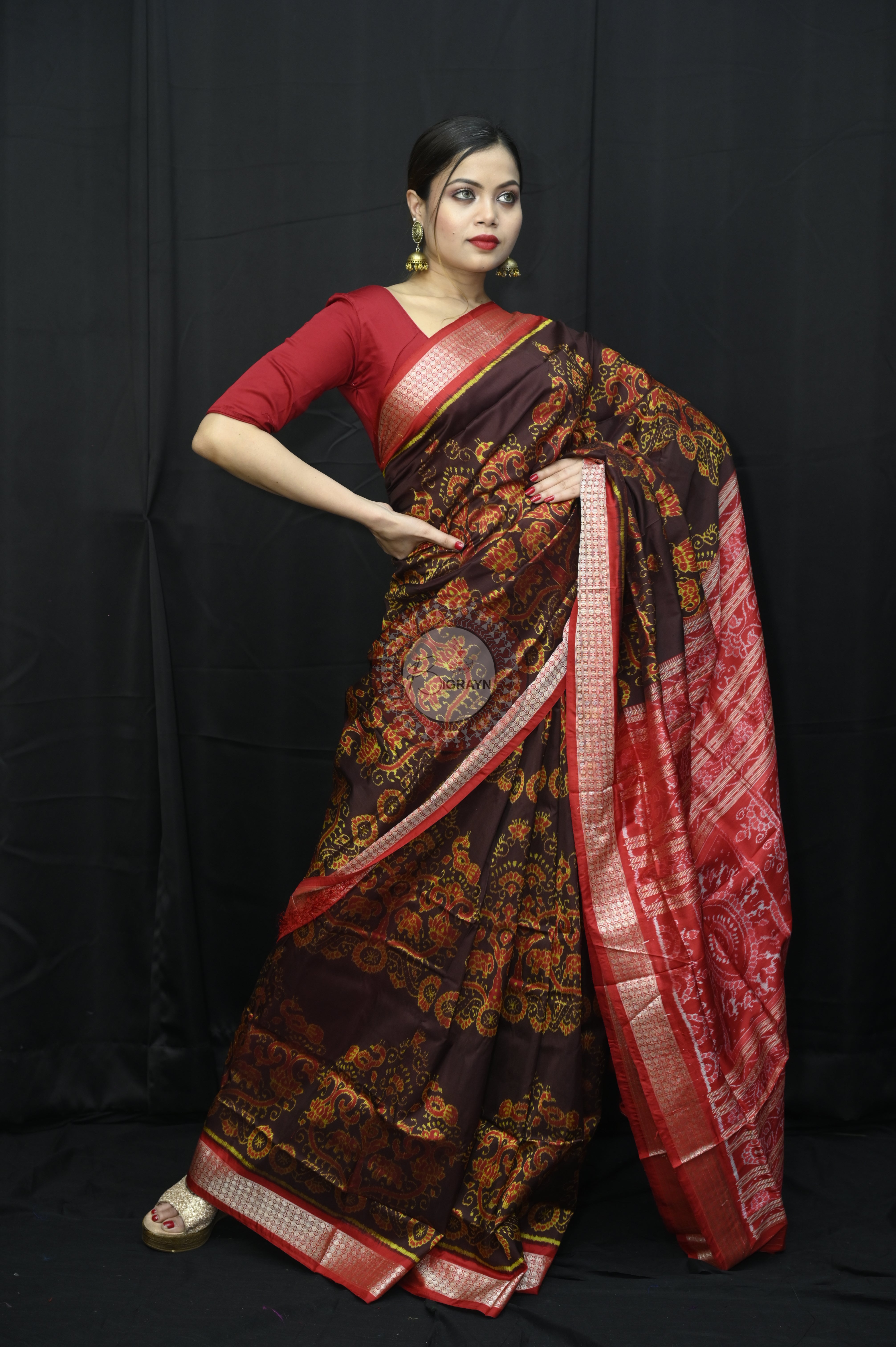 Coffee Red Jhoti Design Sambalpuri Silk Saree