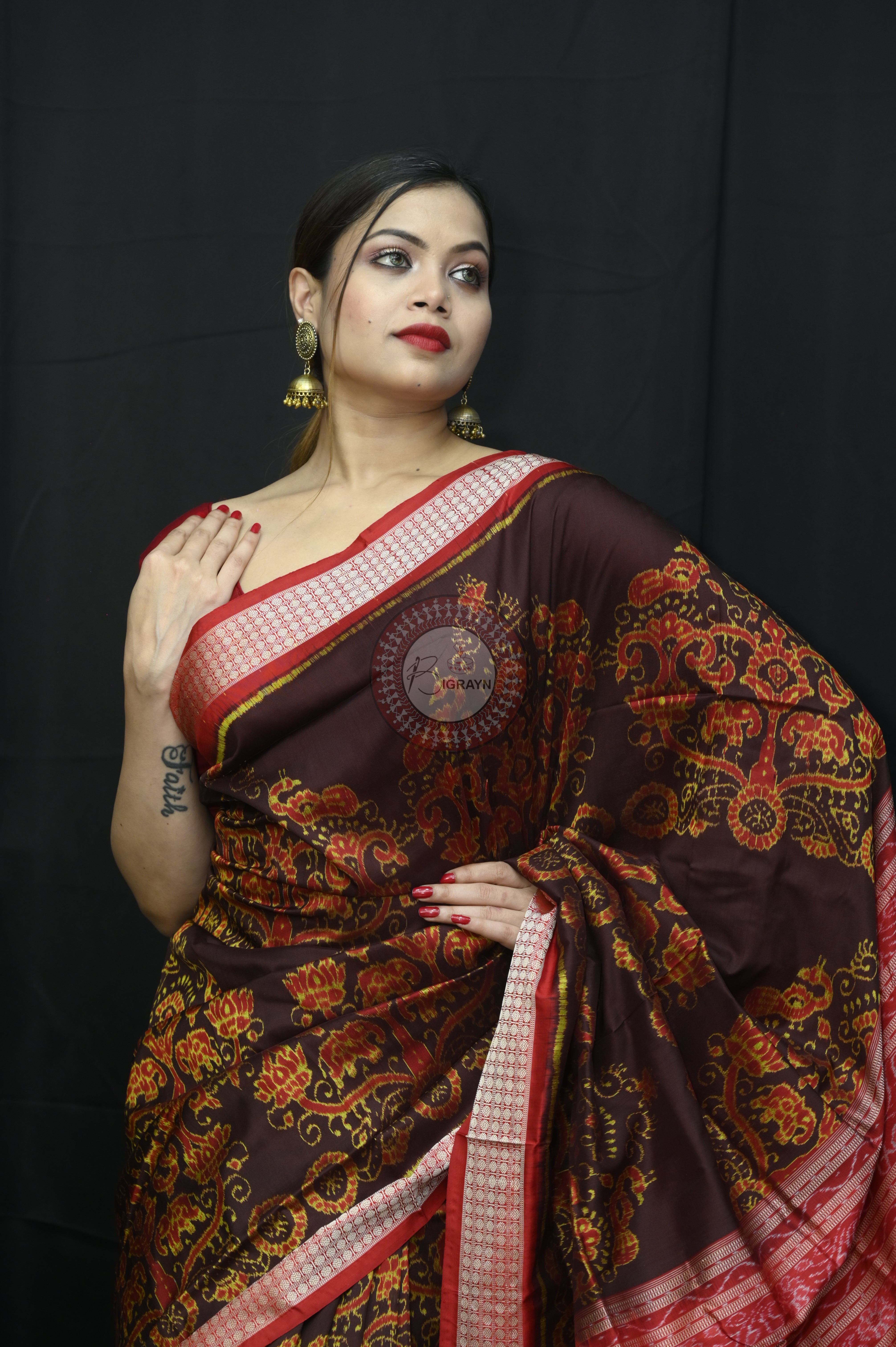 Coffee Red Jhoti Design Sambalpuri Silk Saree