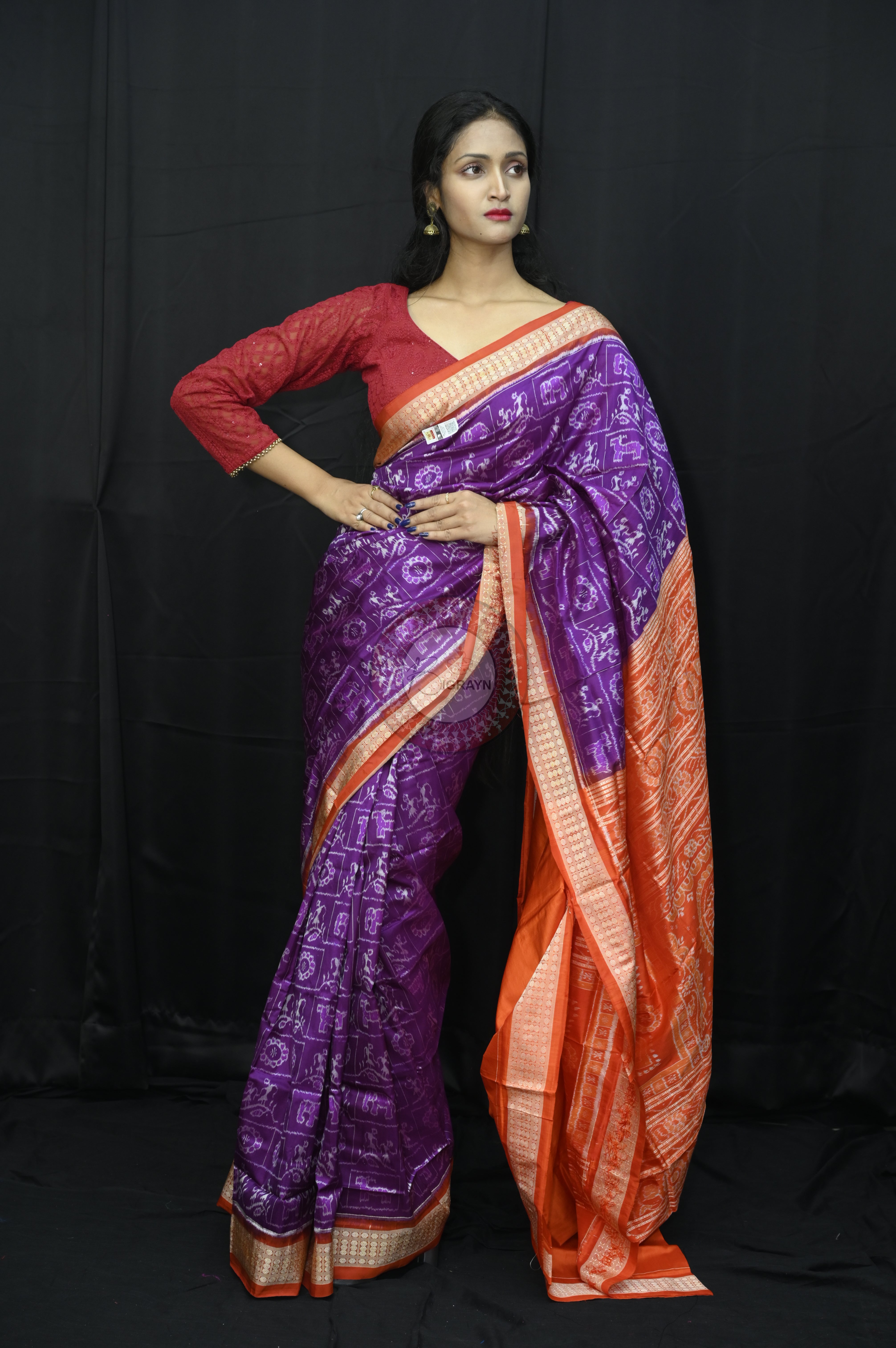 Purple Red Tribal And Animal Sambalpuri Silk Sare
