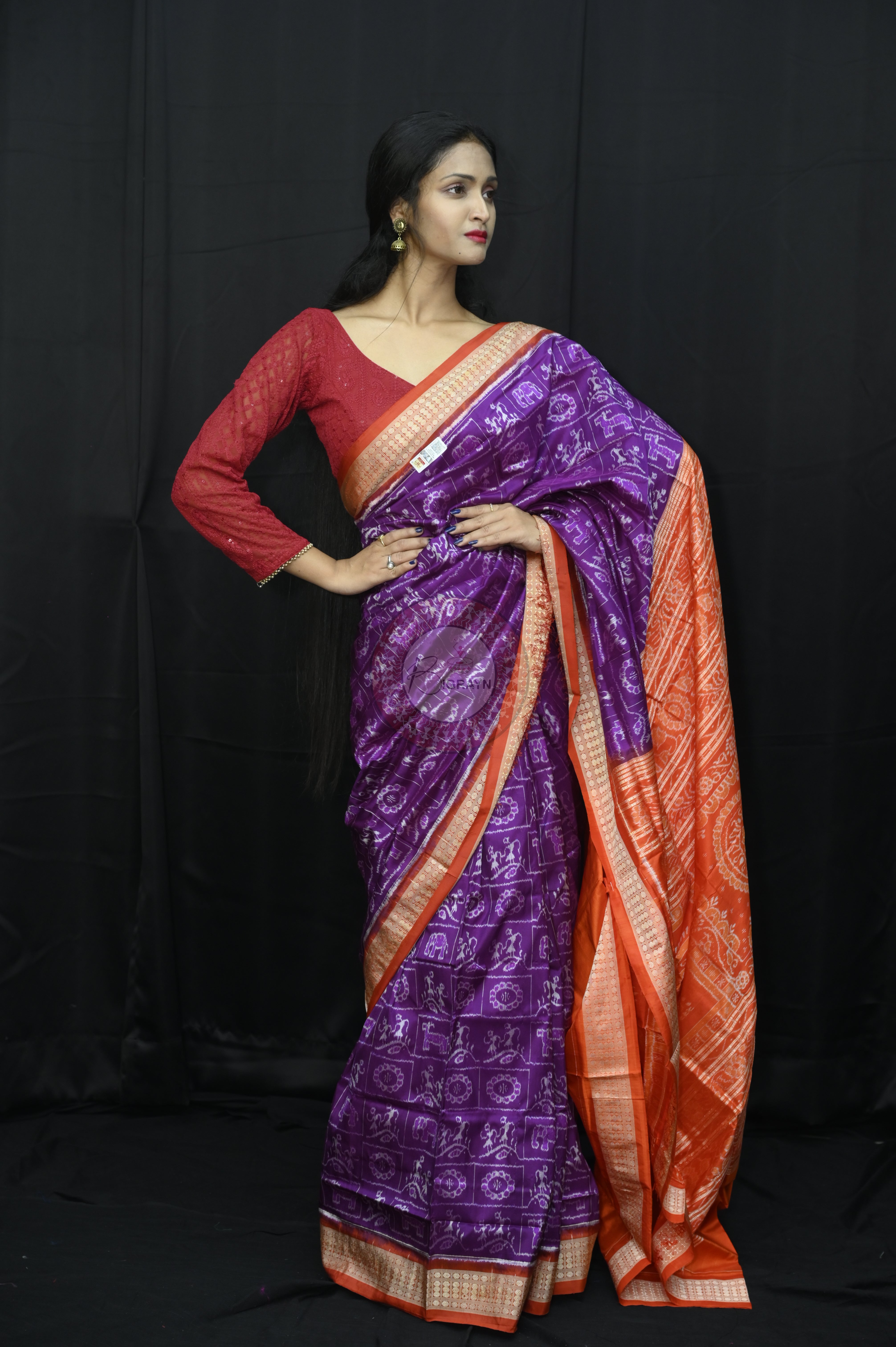 Purple Red Tribal And Animal Sambalpuri Silk Sare