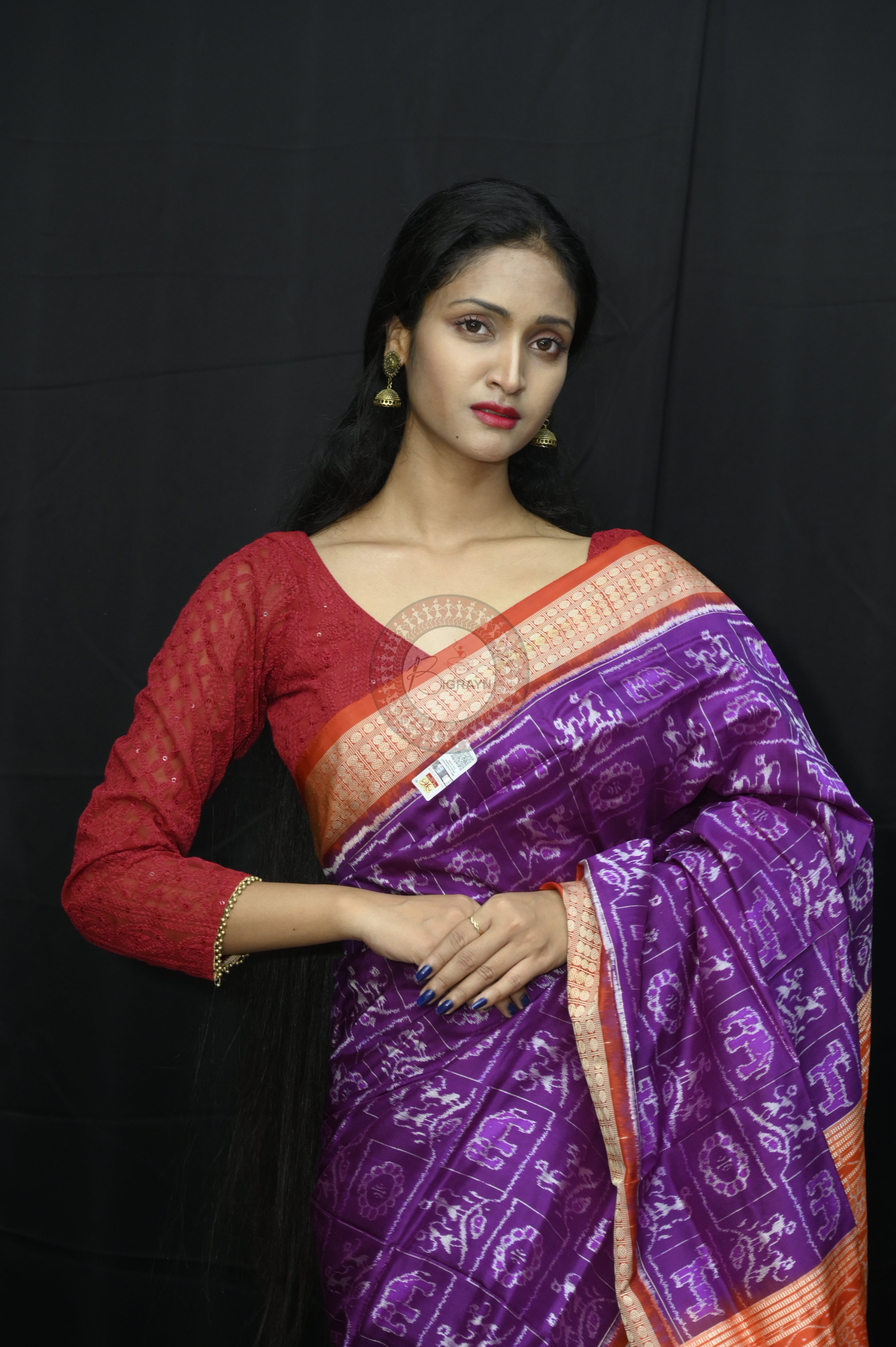 Purple Red Tribal And Animal Sambalpuri Silk Sare
