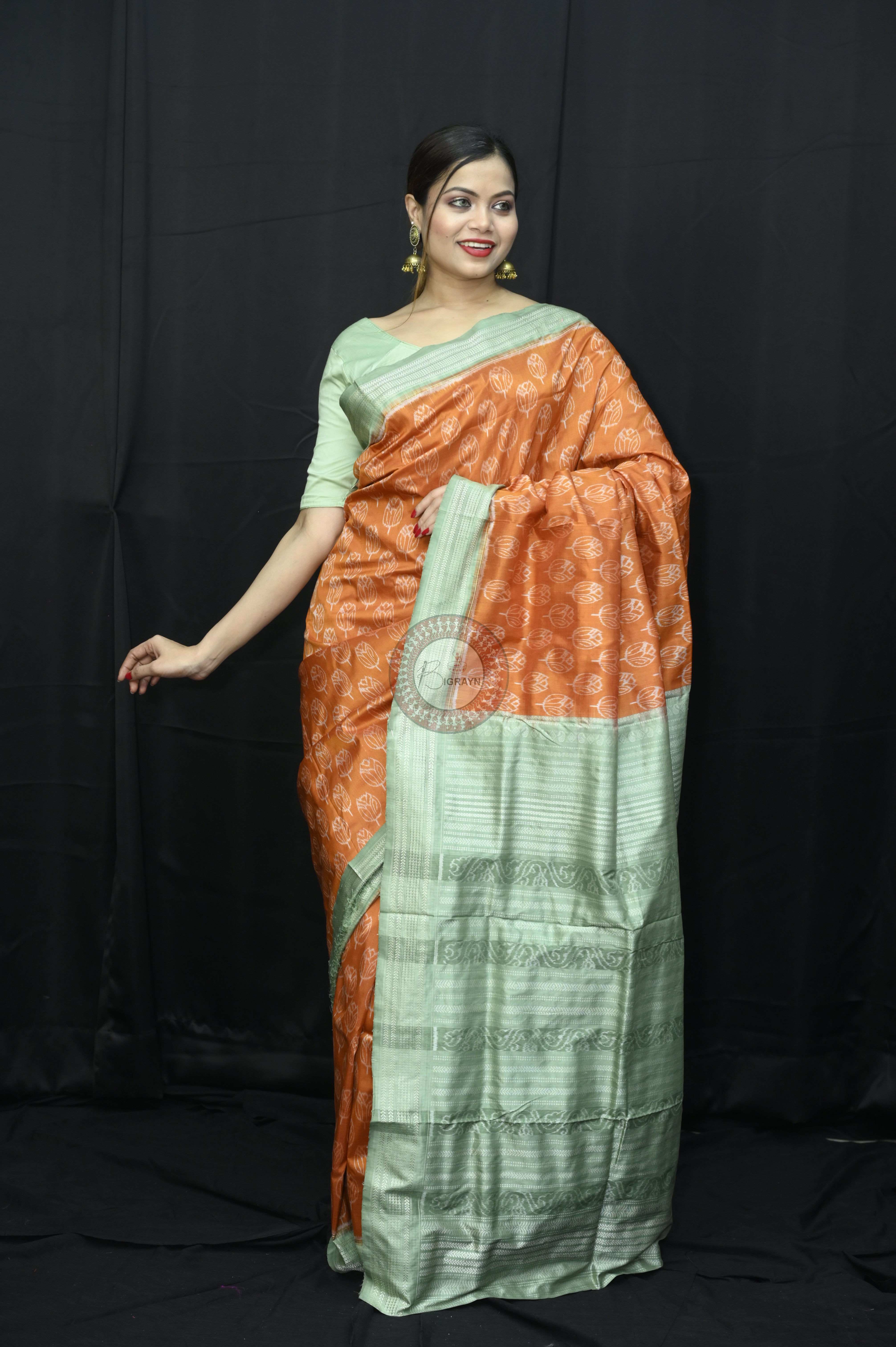 Orange Green Tulips Natural Dye Sambalpuri Silk Saree