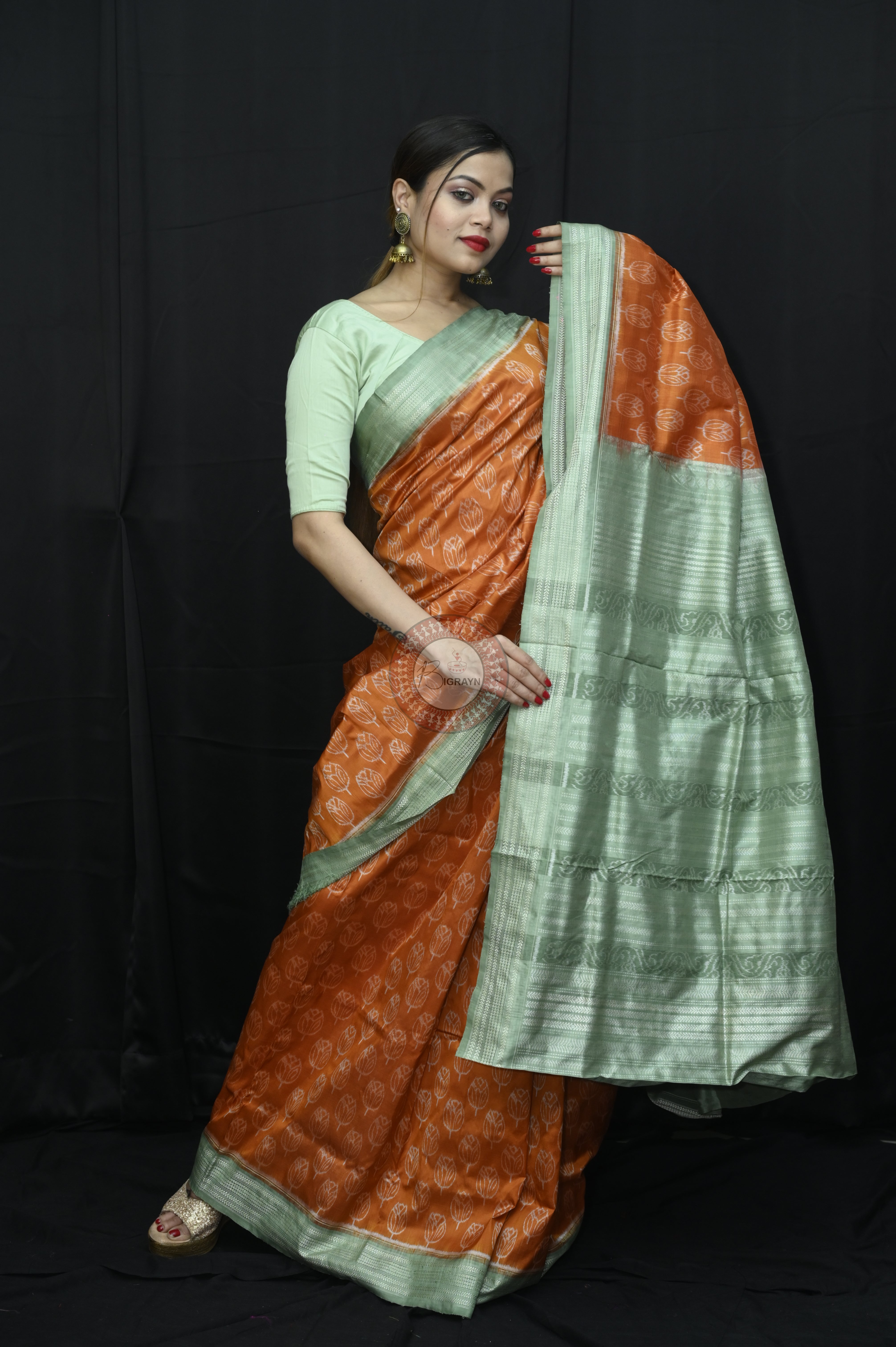 Orange Green Tulips Natural Dye Sambalpuri Silk Saree