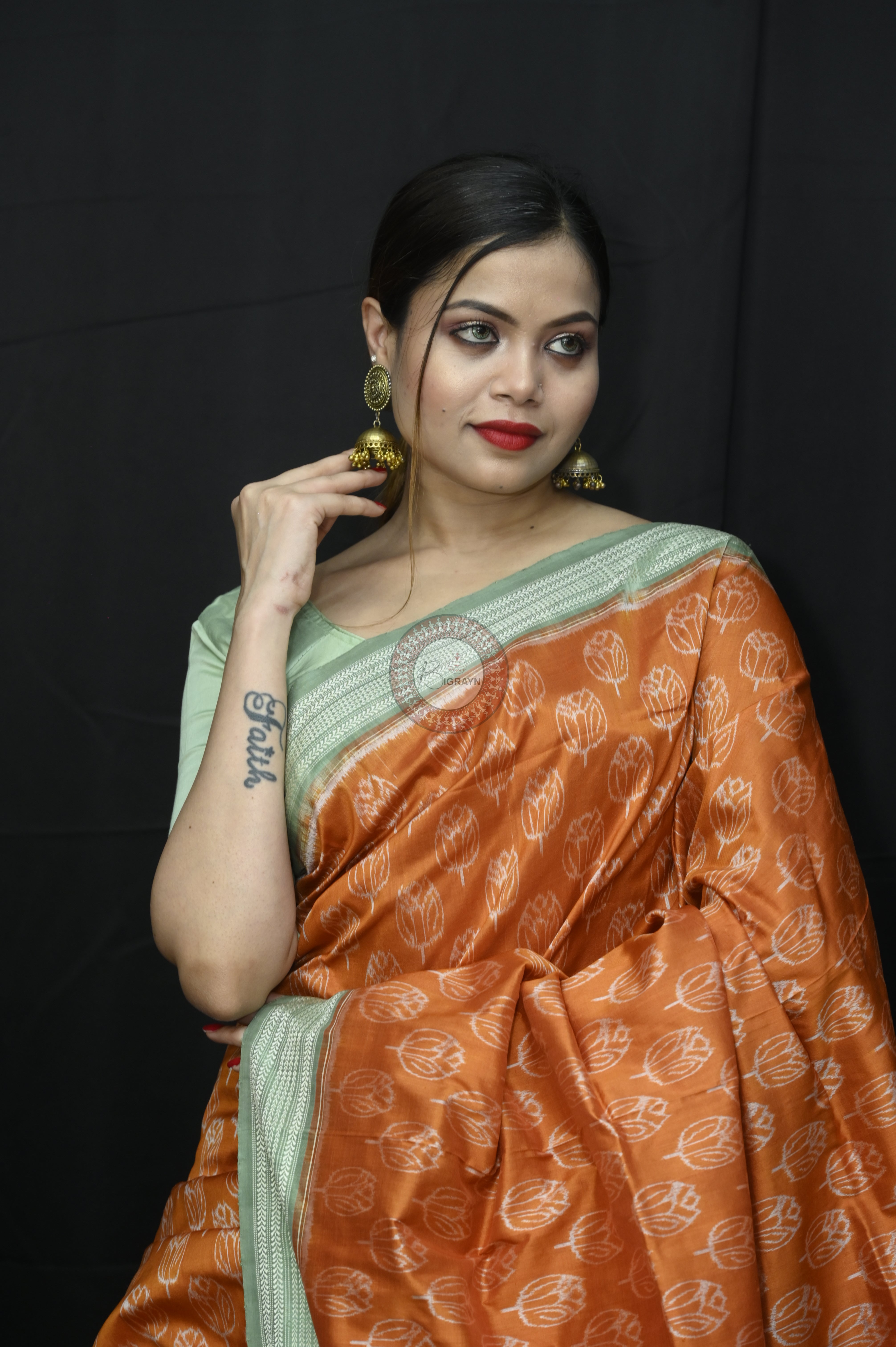 Orange Green Tulips Natural Dye Sambalpuri Silk Saree